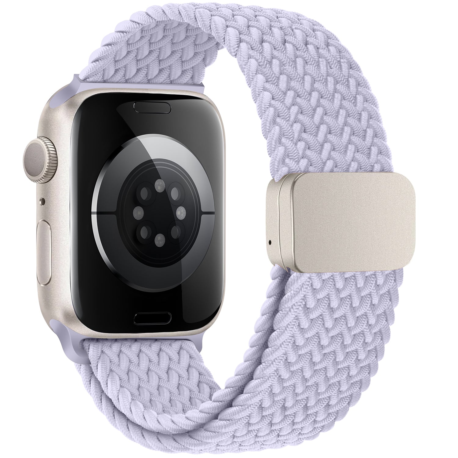 Das arktisband Geflochtene Apple Watch Armband „Casual“ mit Magnetverschluss wird in Lavendel von der Rückseite aus betrachtet gezeigt, um den Magnetverschluss, die Sensoren und das gewebte Design hervorzuheben.