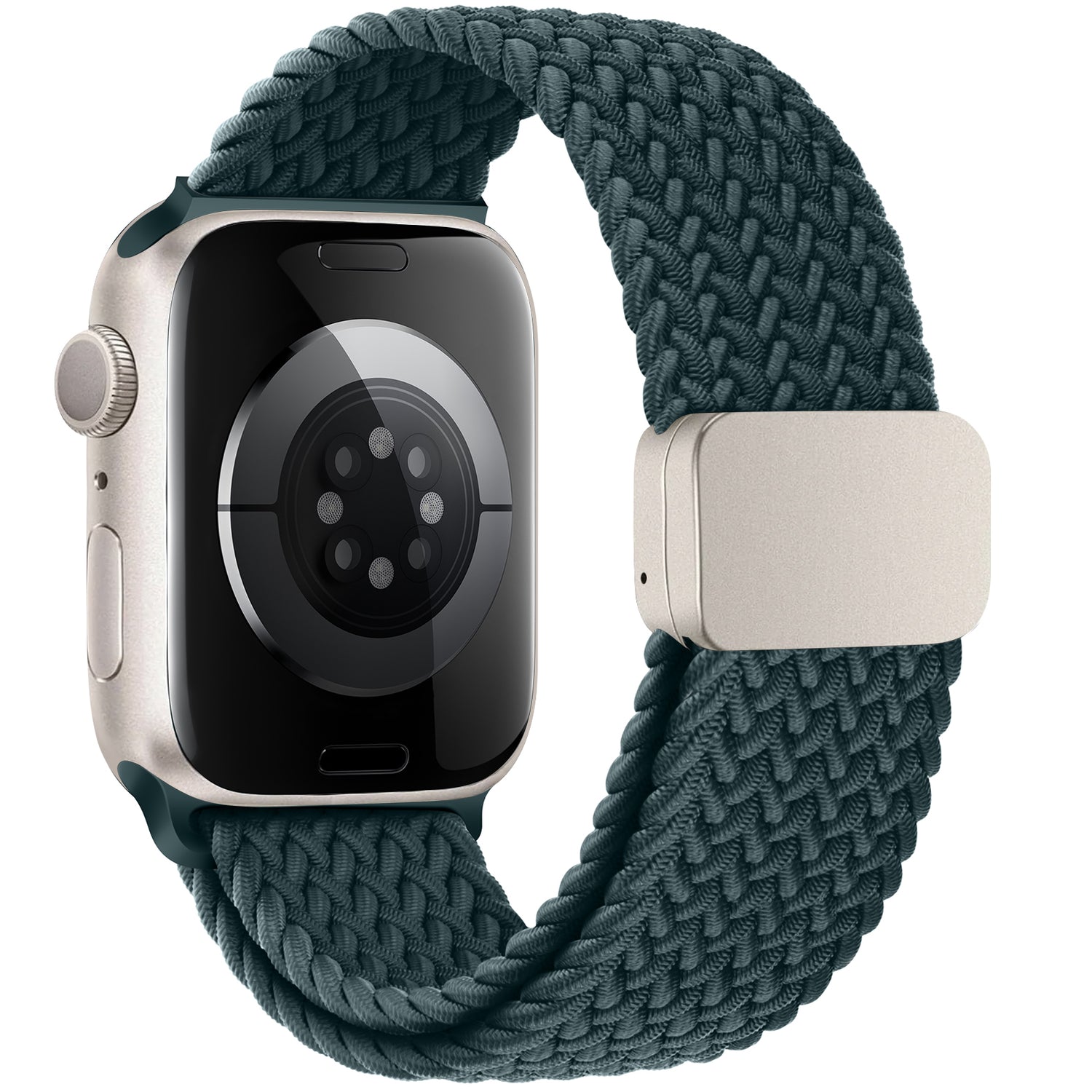 Ein arktisband Geflochtenes Apple Watch Armband "Casual" in Dunkelgrün mit silbernem Magnetverschluss, von der Rückseite abgebildet.