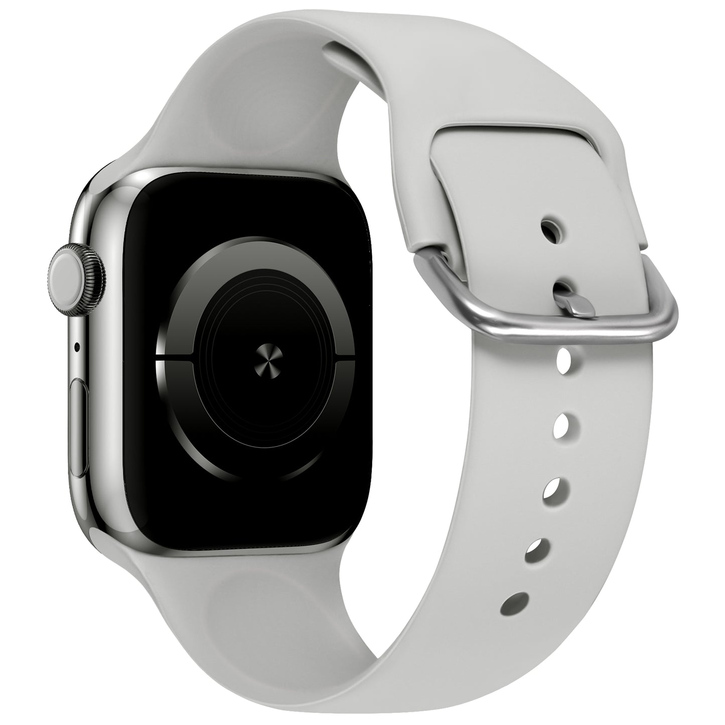 Das arktisband Apple Watch Silikonarmband "Aqua" von arktisband präsentiert sich in Weiß mit silbernem Verschluss auf einer Smartwatch mit rechteckigem schwarzem Display und silbernem Gehäuse, wodurch die Seite und teilweise Rückseite des Geräts hervorgehoben werden. Kompatibel mit der Apple Watch.