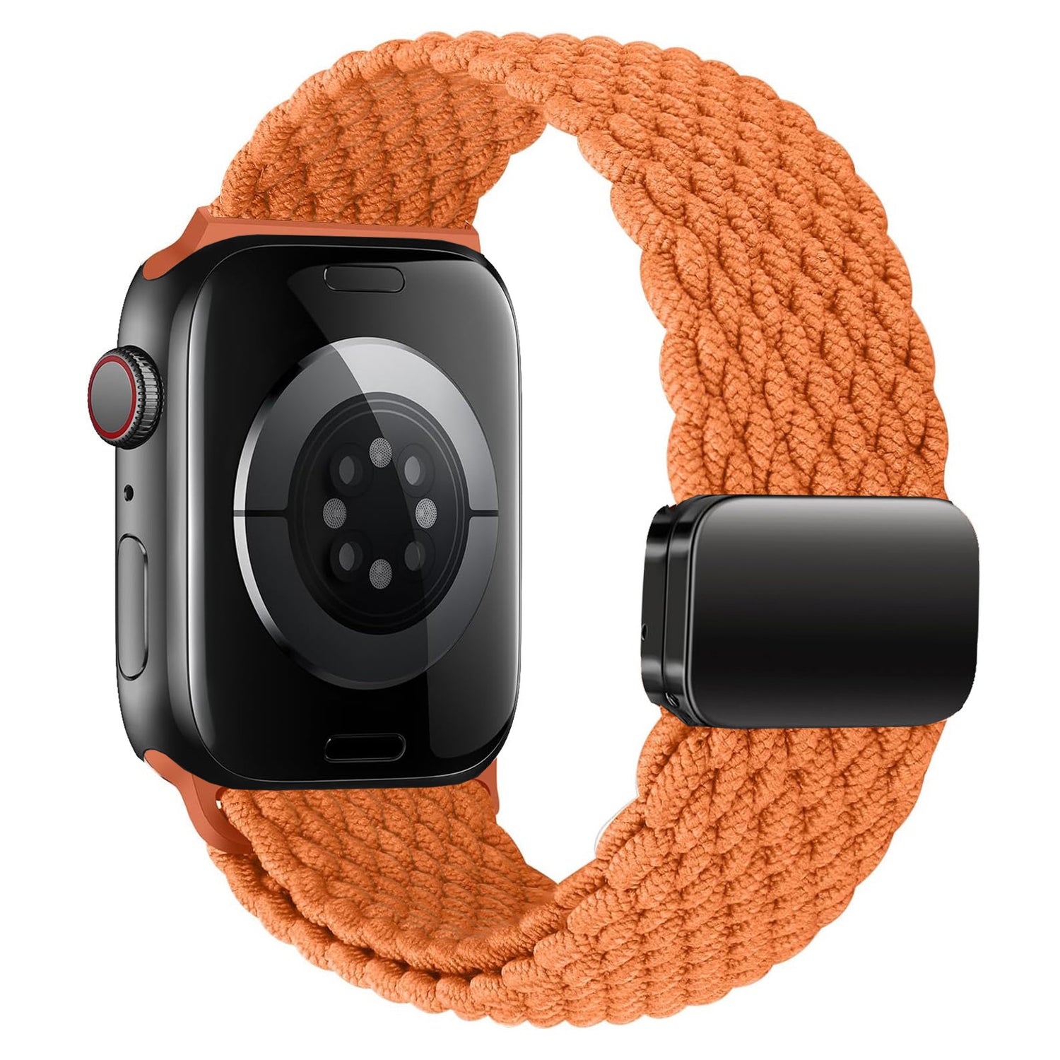 Das arktisband Geflochtene Apple Watch Armband "Casual" mit Magnetverschluss in Orange, abgebildet auf einer Apple Watch mit schwarzem Gehäuse, von hinten und von der Seite betrachtet.
