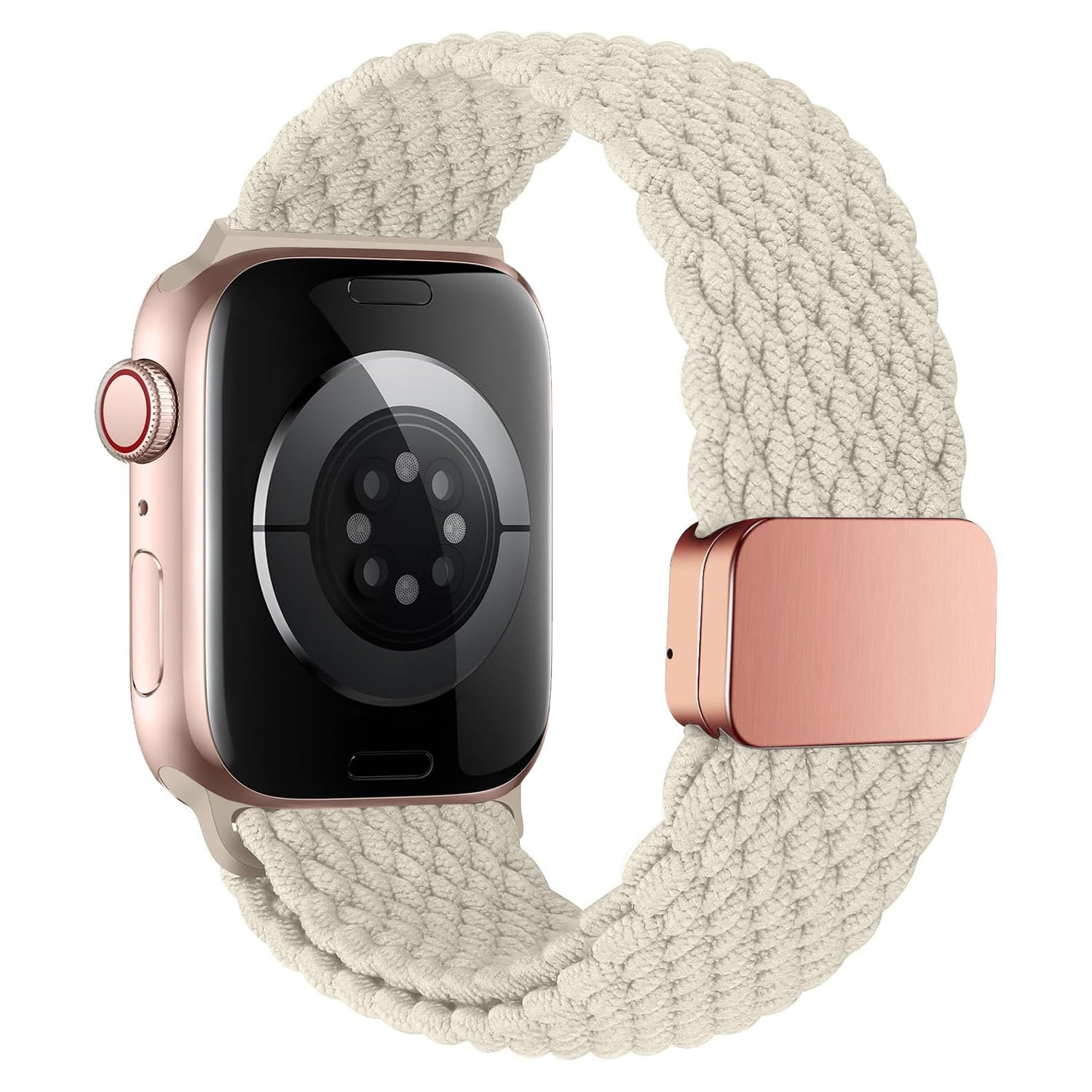 Das arktisband Geflochtene Apple Watch Armband „Casual“ mit Magnetverschluss präsentiert sich in cremefarbenem geflochtenem Polyester, gepaart mit einem roségoldenen Gehäuse und schwarzem Display für einen stylischen Look.