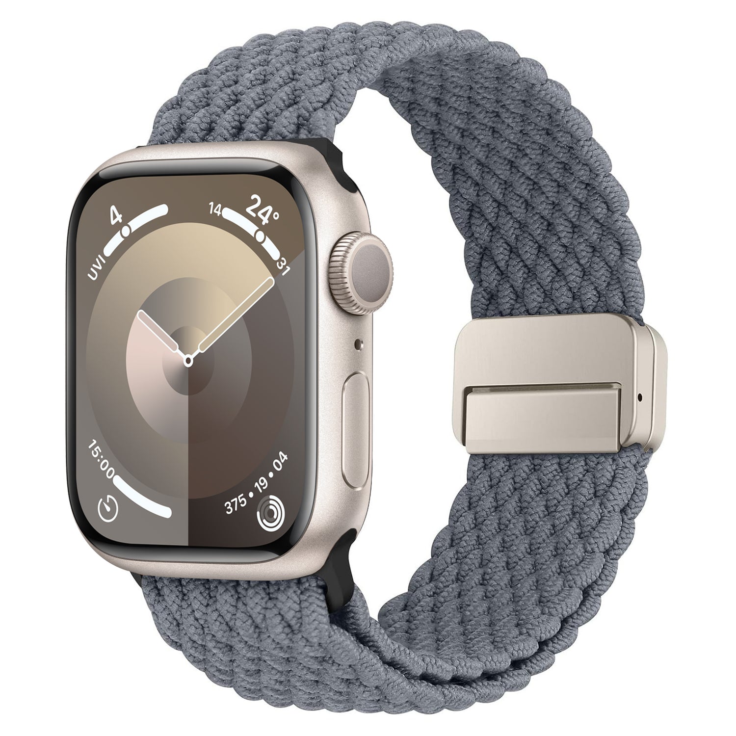 Das arktisband Geflochtene Apple Watch Armband „Casual“ mit Magnetverschluss passt perfekt zu Ihrer Apple Watch und verfügt über ein graues geflochtenes Armband und ein schlankes, minimalistisches Display für eine moderne Zeitmessung.