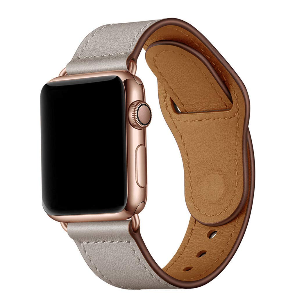 Das arktisband Apple Watch Lederarmband „Novus“ wird auf einer Smartwatch mit leerem schwarzen Bildschirm, roségoldenem Gehäuse und zweifarbigem beige-hellbraunem Armband gezeigt, das für einen minimalistischen Look vor einem weißen Hintergrund abgesetzt ist.