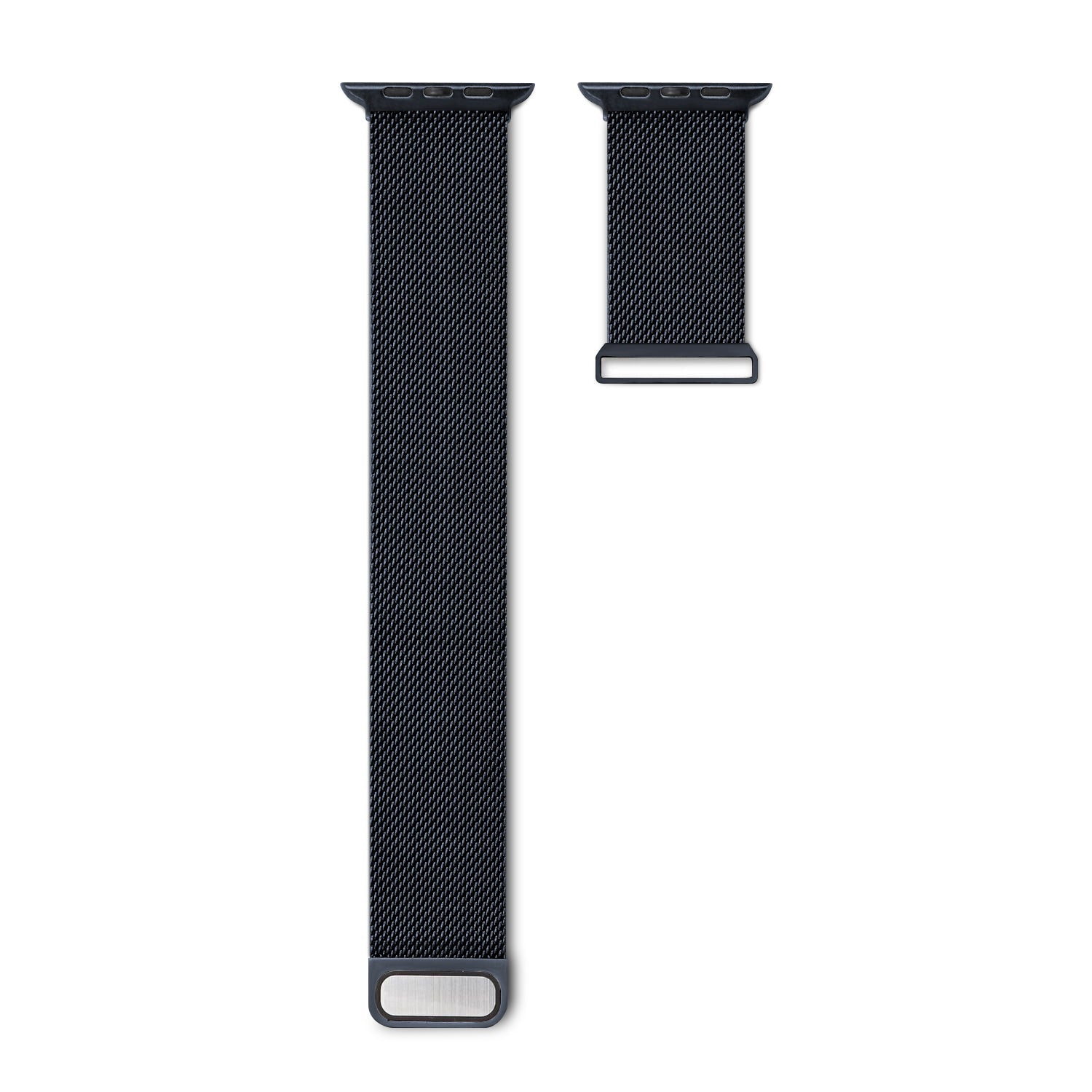 Das arktisband Apple Watch Milanaise Loop Armband von arktisband ist ein schwarzes zweiteiliges Edelstahlarmband mit einem längeren und einem kürzeren, zusammengeschlossenen Teil, die zusammen auf einem weißen Hintergrund dargestellt sind.