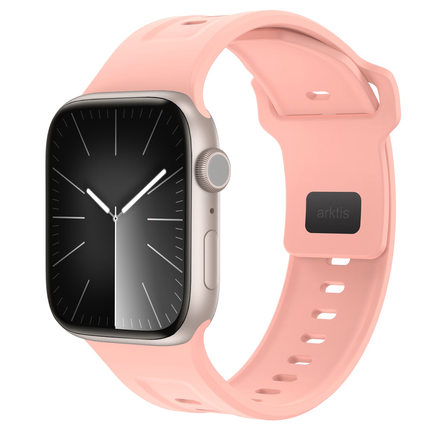 Das arktisband Apple Watch FKM Sportarmband „Sweat“ verfügt über ein hellrosa, strapazierfähiges und elastisches Fluorelastomer-Band mit arktis-Label, rechteckigem Zifferblatt, weißen Zeigern und Stundenmarkierungen; Apple Watch kompatibel.