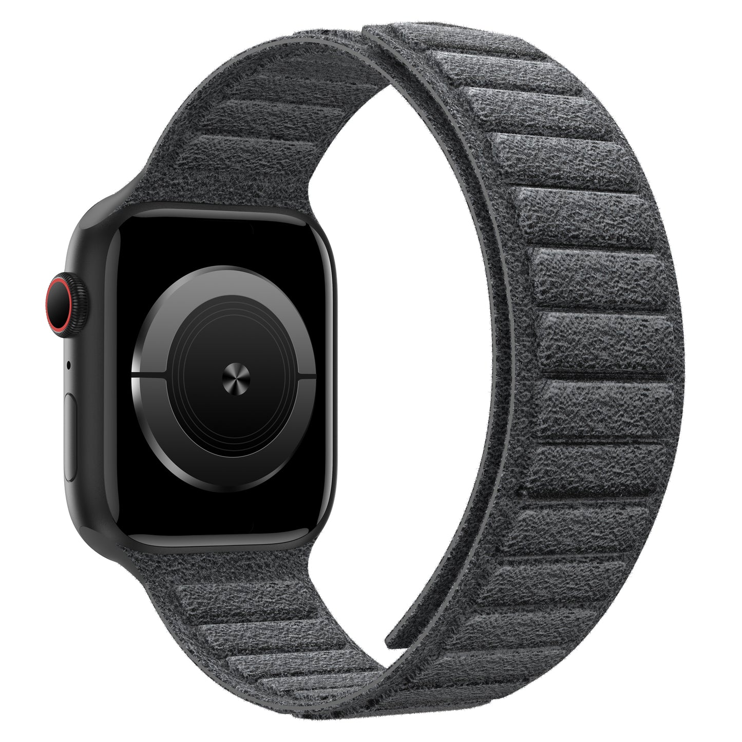 Das arktisband Apple Watch magnetisches Armband aus Alcantara ist ein schwarzes Smartwatch-Band mit einer strukturierten dunkelgrauen Alcantara-Stoffschlaufe auf weißem Hintergrund - ein stylisches Apple Watch Armband von arktisband.