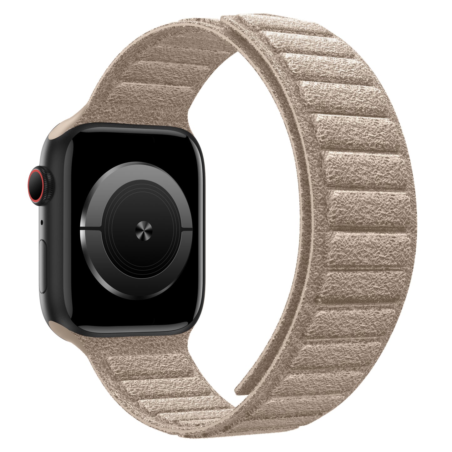 Eine schwarze Smartwatch mit dem arktisband Apple Watch magnetisches Armband aus Alcantara - einem beigen, strukturierten Alcantara-Schlaufenband von arktisband - wird auf weißem Hintergrund gezeigt.