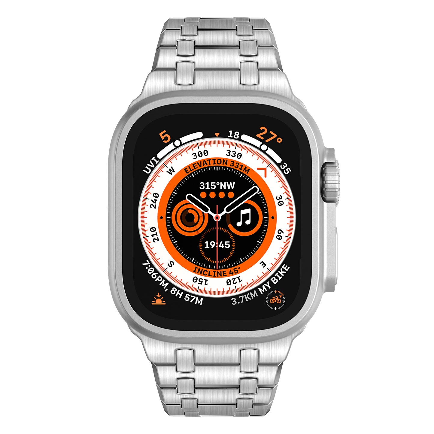 Das arktisband Edelstahlarmband „Symphony“ für die Apple Watch besteht aus einem 316L-Edelstahlband mit Schmetterlingsverschluss und verfügt über eine orange-schwarze digitale Schnittstelle, die mehrere Fitnessstatistiken anzeigt.