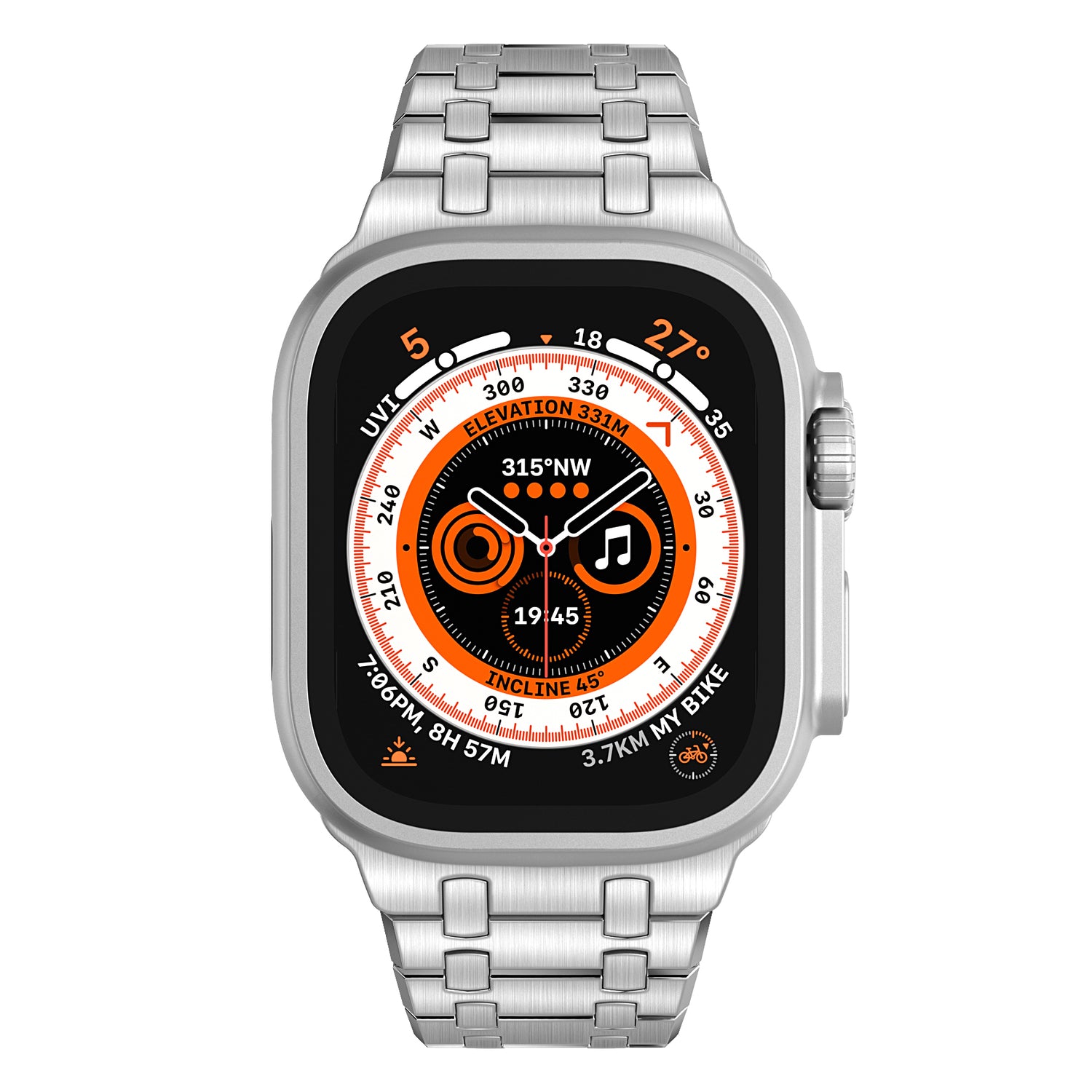 Das arktisband Edelstahlarmband „Symphony“ für die Apple Watch besteht aus einem 316L-Edelstahlband mit Schmetterlingsverschluss und verfügt über eine orange-schwarze digitale Schnittstelle, die mehrere Fitnessstatistiken anzeigt.