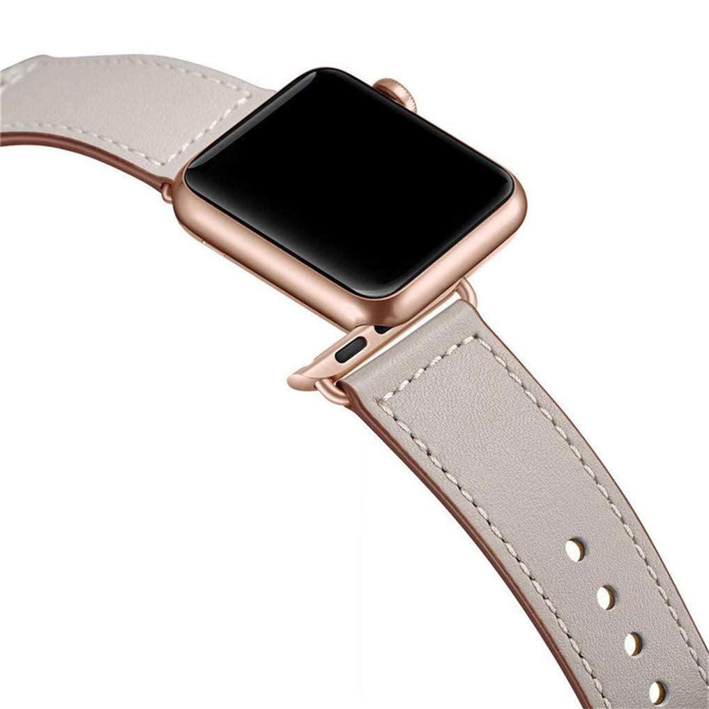 Abgebildet ist eine Apple Watch mit schwarzem Bildschirm und roségoldenem Gehäuse gepaart mit dem arktisband Apple Watch Lederarmband „Novus“ von arktisband in Hellbeige mit sichtbaren Nähten und Einstelllöchern für einen minimalistischen Look.