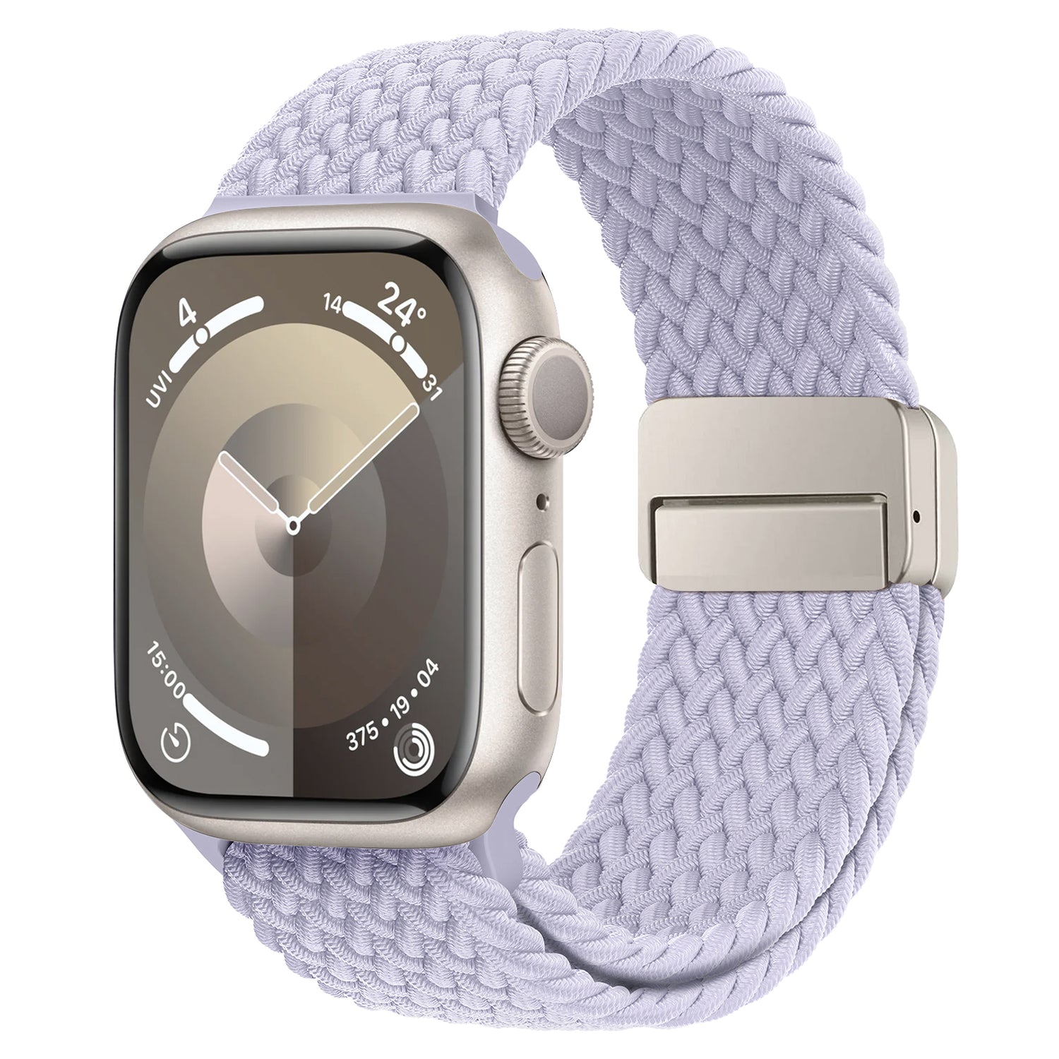 Eine silberne Apple Watch mit einem geflochtenen Apple Watch Armband „Casual“ in Lavendel, mit einer analogen Uhr auf dem Bildschirm und einem sicheren Magnetverschluss.