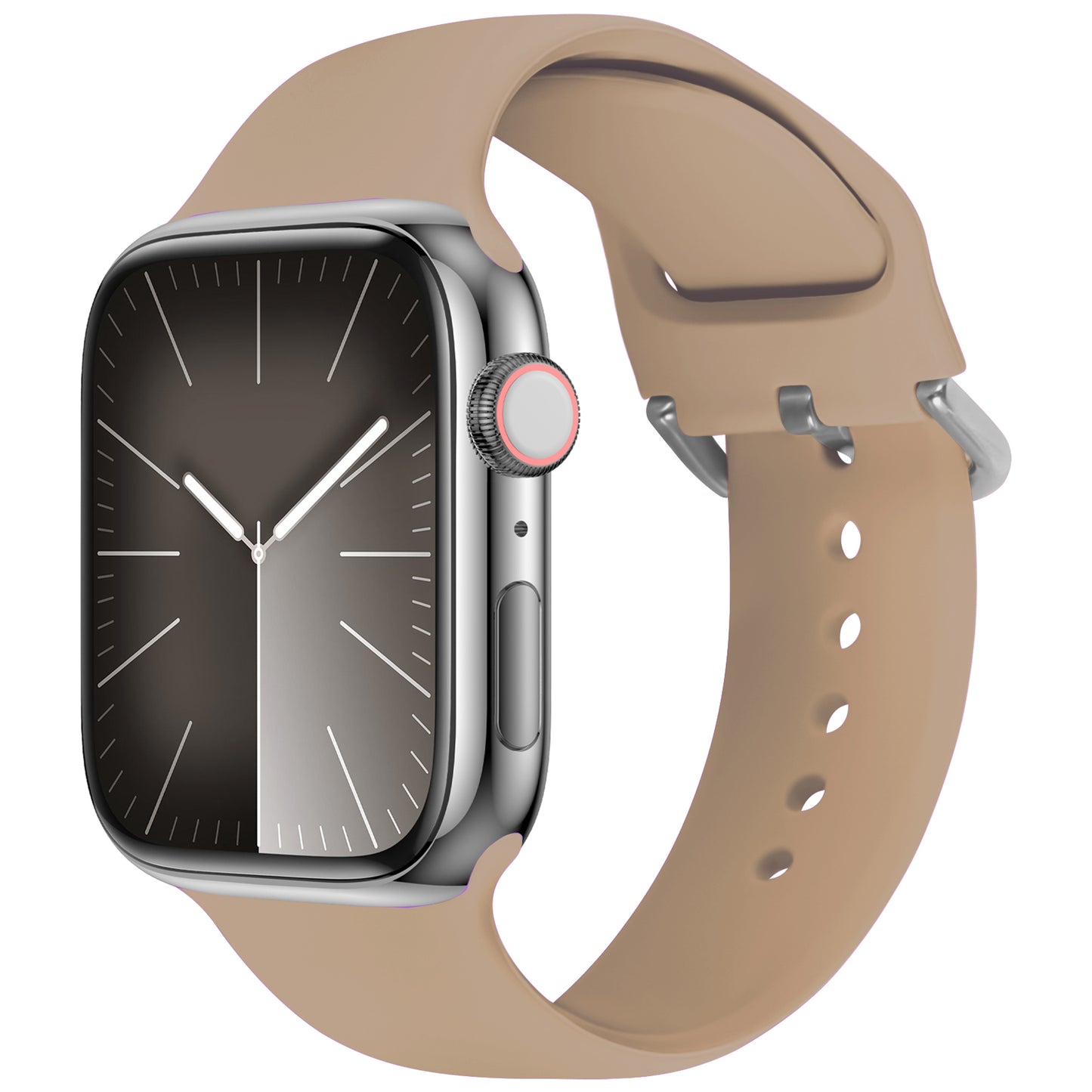Das arktisband Apple Watch Silikonarmband „Aqua“ verfügt über ein sportliches beiges Silikonarmband mit einem Apple Watch-kompatiblen Verschluss, gepaart mit einem rechteckigen schwarzen Display mit analogem Zifferblatt und einem silbernen Gehäuse.