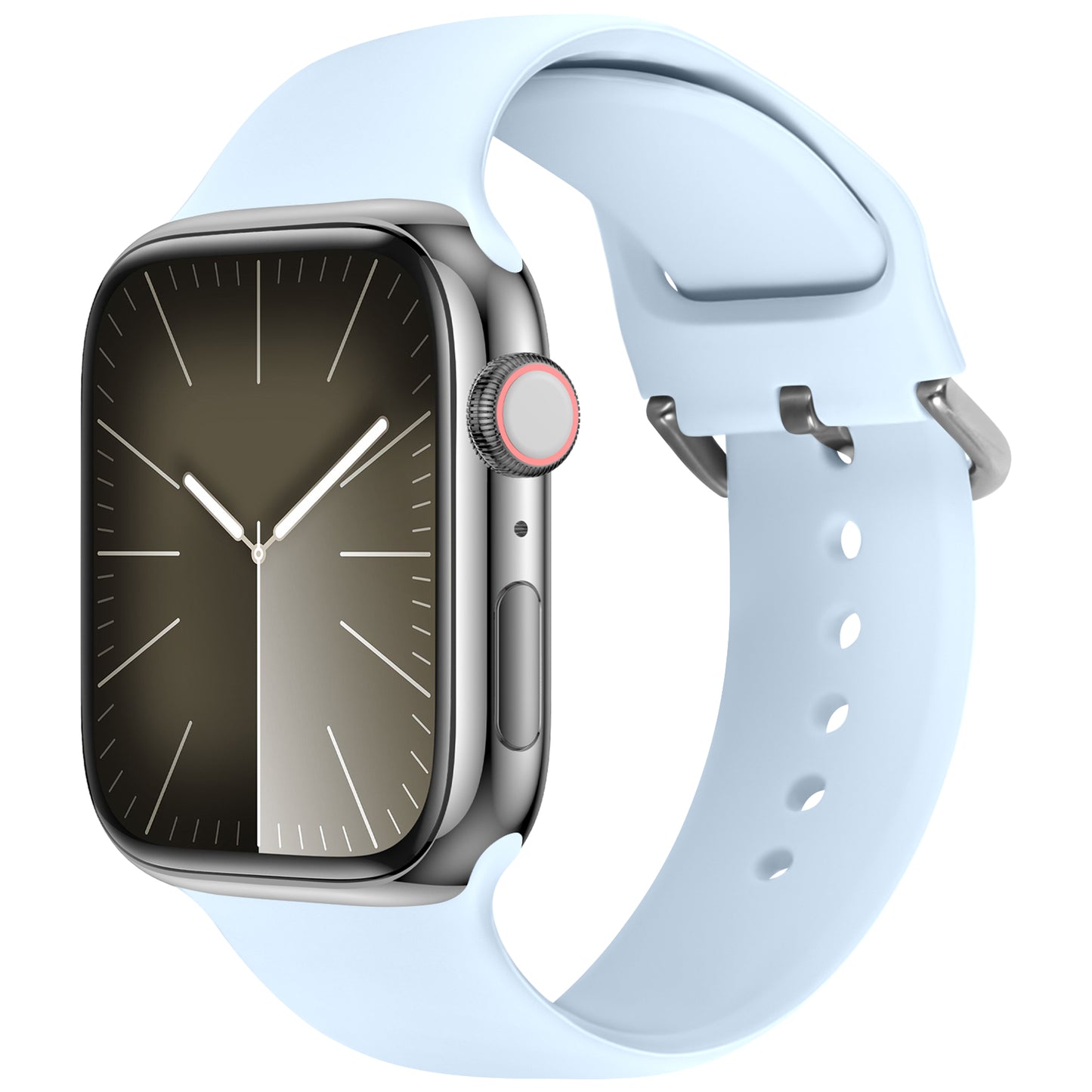 Eine rechteckige Smartwatch mit silbernem Gehäuse und minimalistischer Analoguhr. Das arktisband Apple Watch Silikonarmband "Aqua" in Hellblau ist schräg abgebildet. Marke: arktisband.