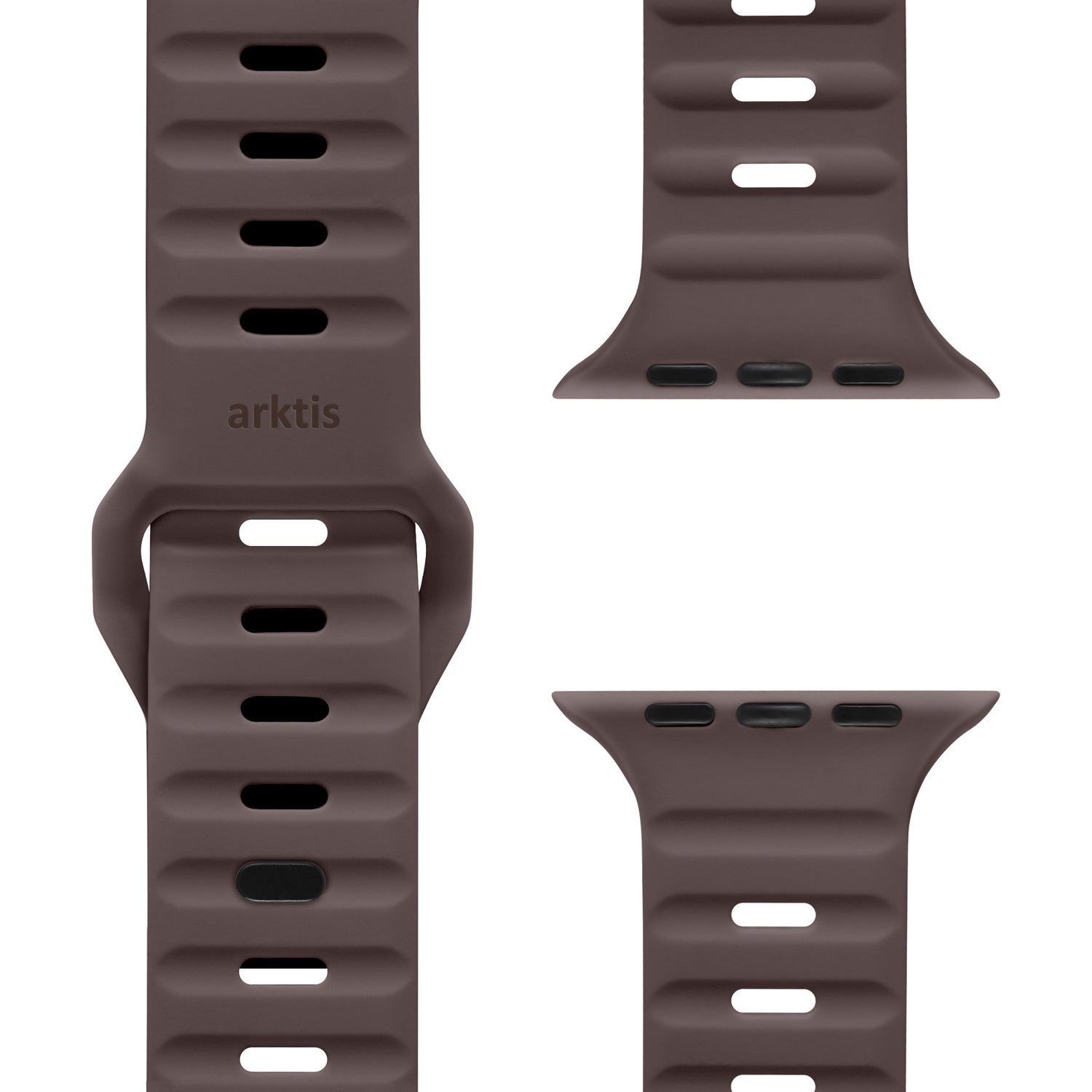 Drei Ansichten des arktisband Apple Watch Silikonarmbands "Active" in Braun zeigen horizontale Rillen, eine rechteckige Schnalle und die Prägung „arktis“ auf dem Armband. Standardanschlüsse sorgen für eine einfache Befestigung und einen sportlichen Look.