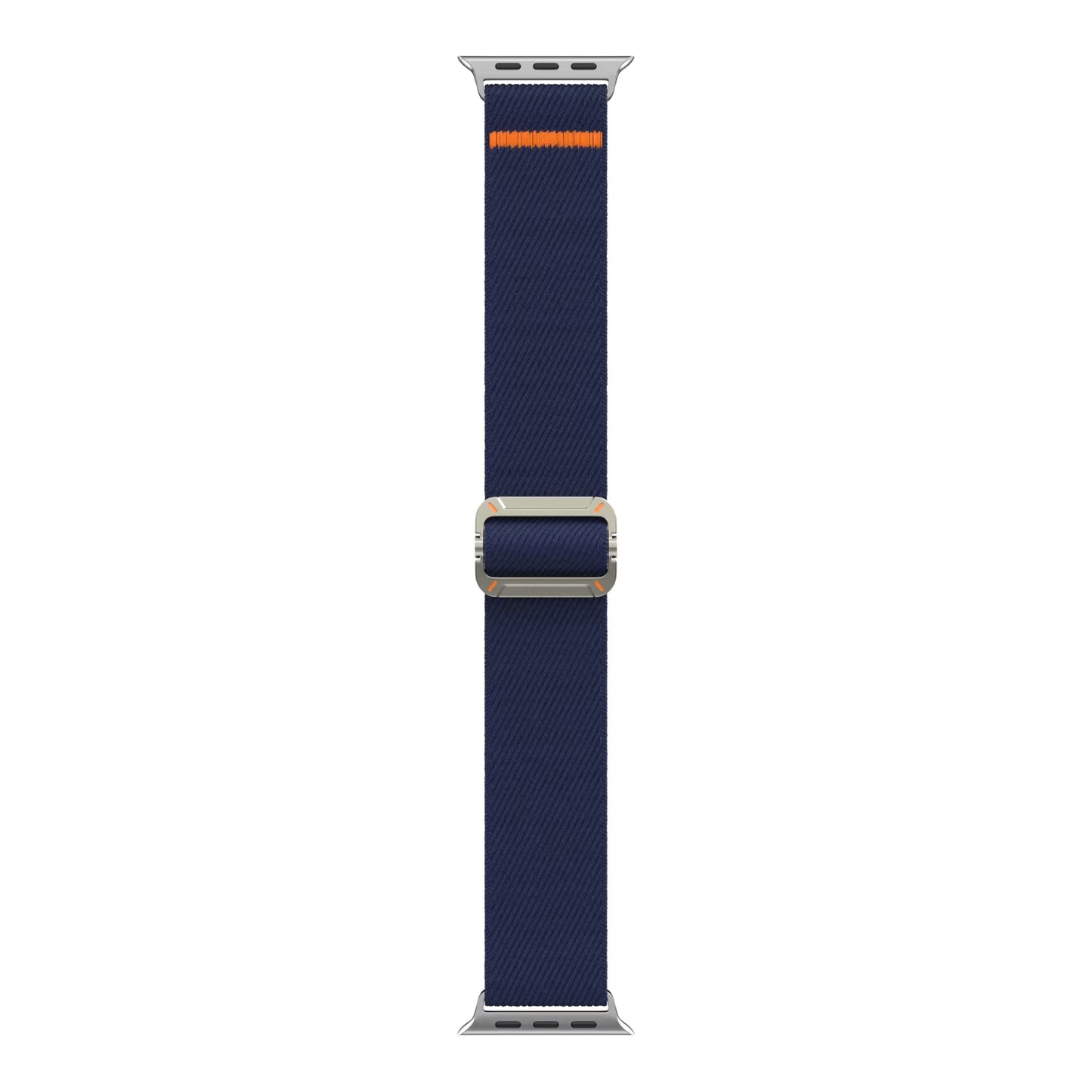 Das arktisband Apple Watch Nylonarmband "FlexOne" ist ein marineblaues Nylonband mit einer silbernen Schnalle und einem orangefarbenen Streifen an einem Ende, kompatibel mit der Apple Watch.