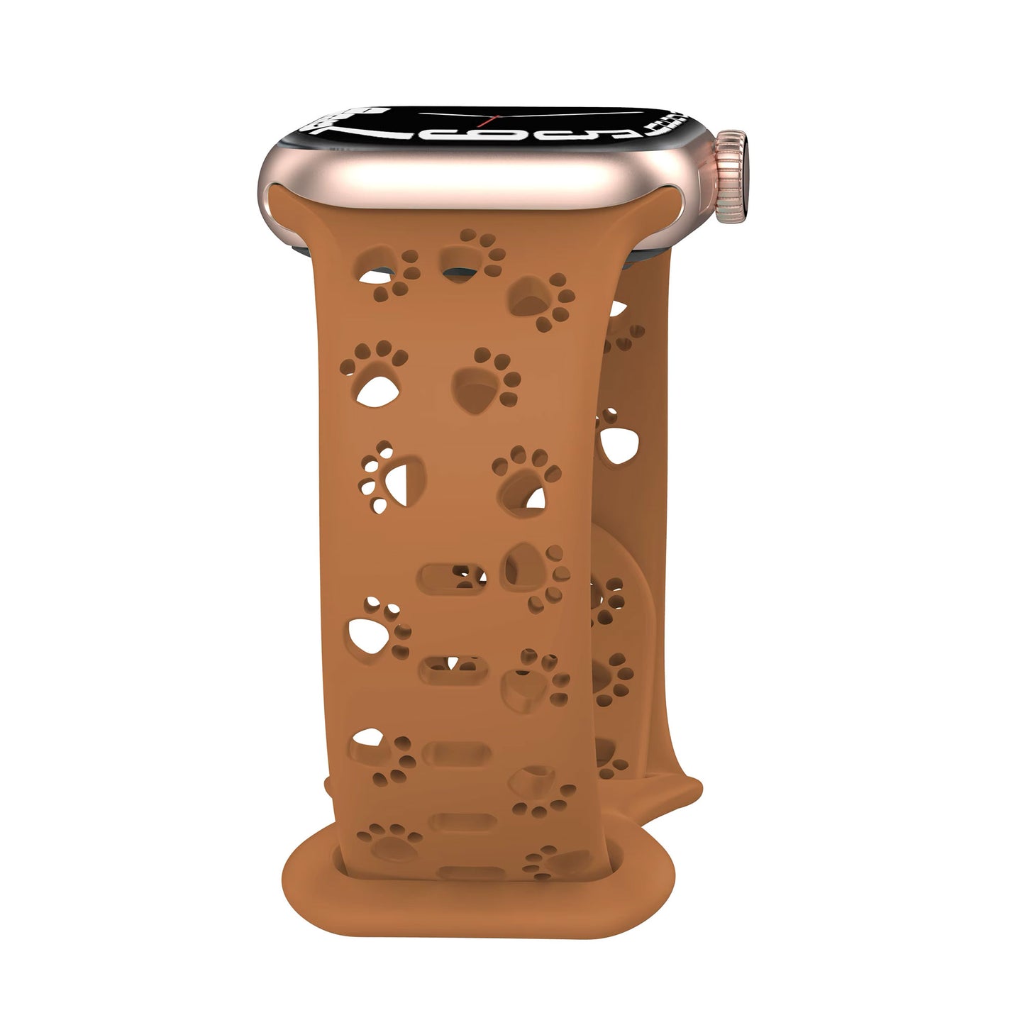 Das arktisband Apple Watch Silikonarmband "Paw" ist ein braunes Silikonarmband mit ausgeschnittenen Pfotenabdrücken, das an einer Apple Watch mit schwarzem Bildschirm befestigt ist.