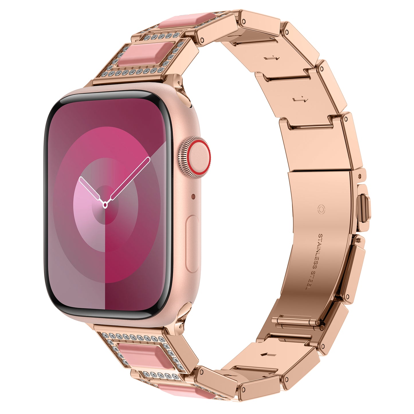 Das Arktisband Apple Watch Gliederarmband „Senorita“ ist in Roségold mit einem rechteckigen Smartwatch-Zifferblatt mit eingearbeiteten Strasssteinen erhältlich. Das Edelstahlband ist Apple Watch kompatibel und schräg auf weißem Hintergrund dargestellt.