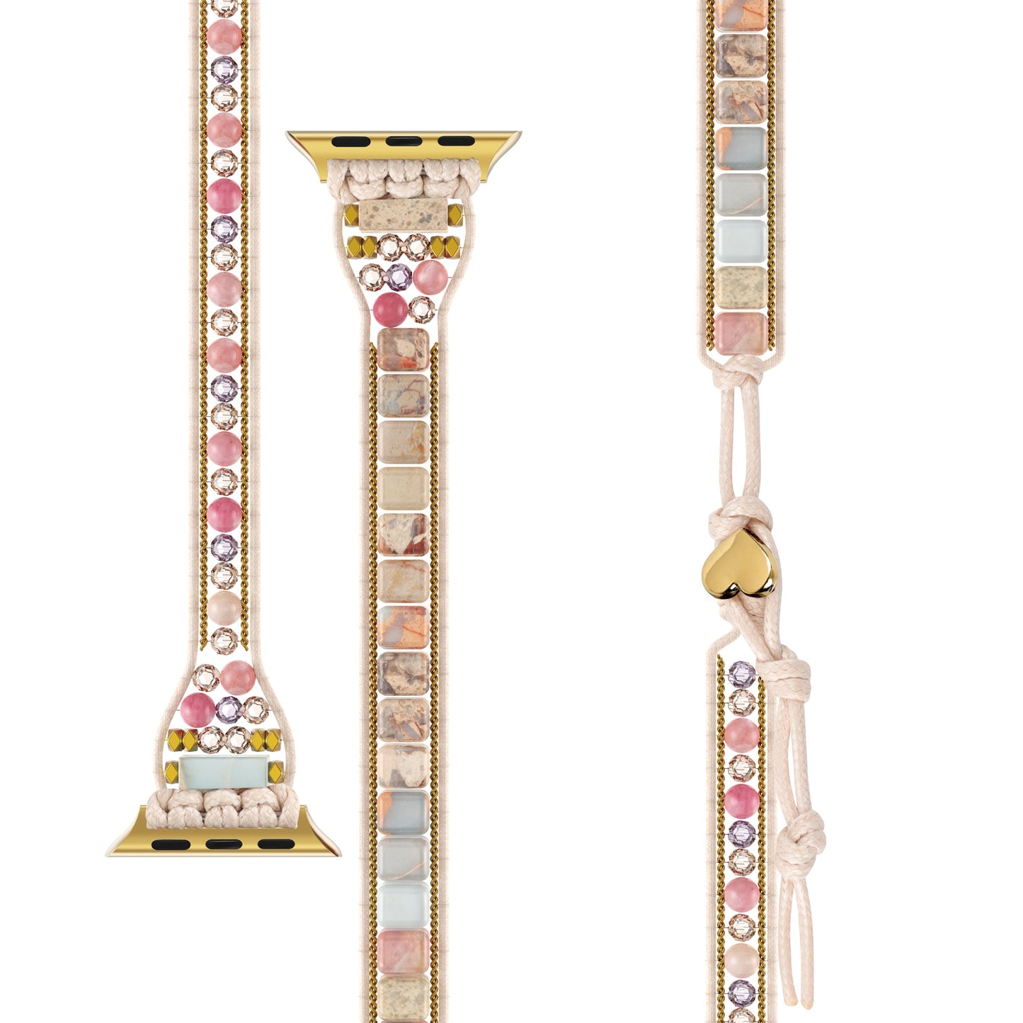 Das arktisband Apple Watch Armband "Dream Catcher" verfügt über bunte quadratische Perlen, runde Edelsteine, einen goldenen Herzakzent, eine geknotete cremefarbene Kordel und einen Edelstahladapter für sicheren Boho-Stil von arktisband.