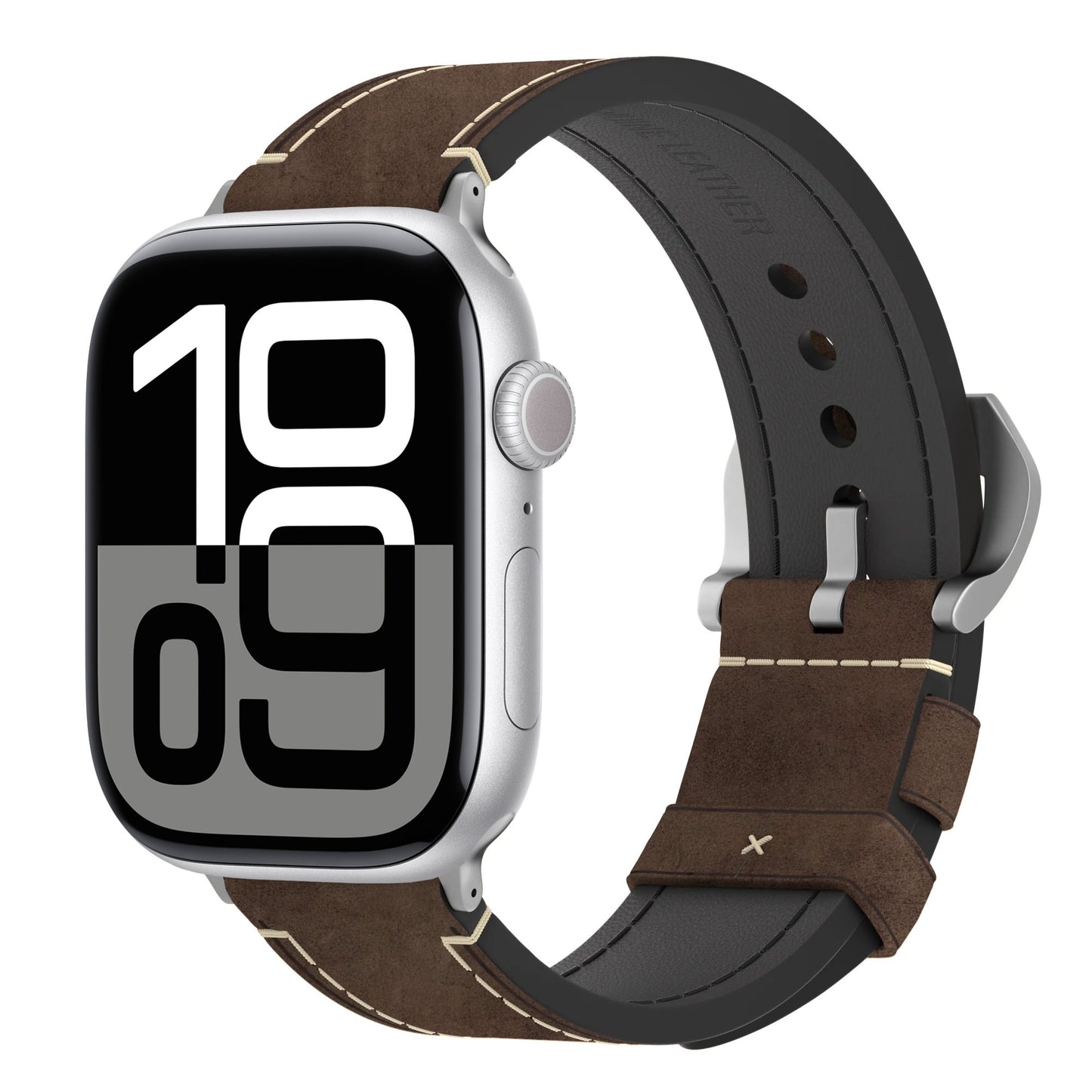 Das arktisband Apple Watch PALERMO GRANDE Lederarmband verfügt über ein Vintage-Lederarmband und eine auffällige schwarz-weiße Digitalanzeige, die die Uhrzeit 10:09 anzeigt.
