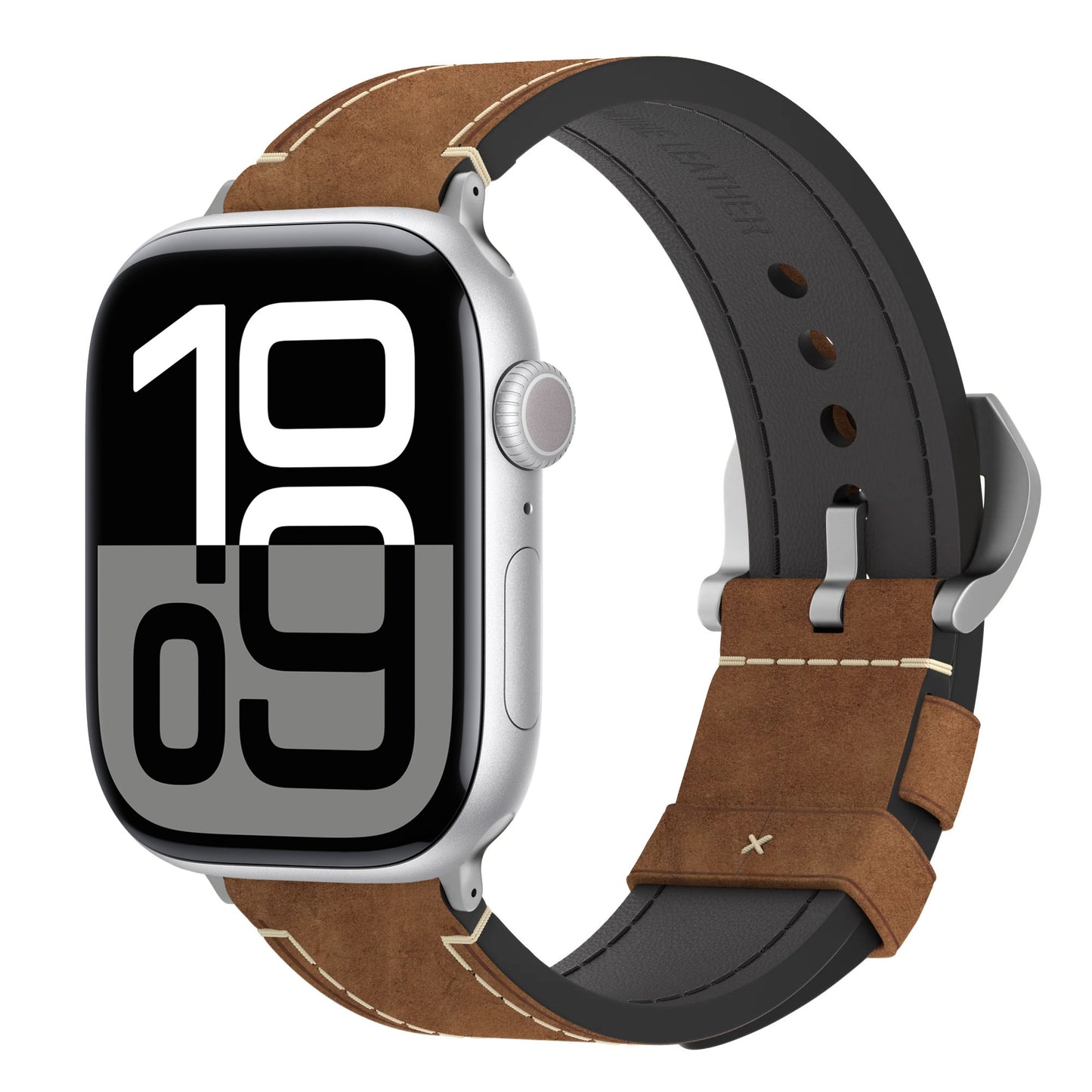Die arktisband Apple Watch PALERMO GRANDE verfügt über ein braunes Vintage-Lederarmband und eine große digitale Zeitanzeige auf dem Bildschirm.
