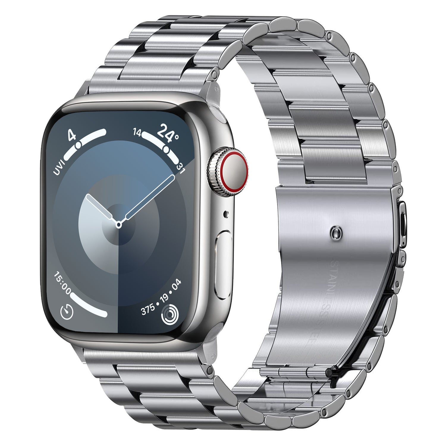 Das arktisband Apple Watch Gliederarmband „Arctica“ von arktisband präsentiert sich mit silbernem Gehäuse, analogem Zifferblatt, Wetterinfos auf seinem abgerundeten rechteckigen Display und einer rot akzentuierten Krone.