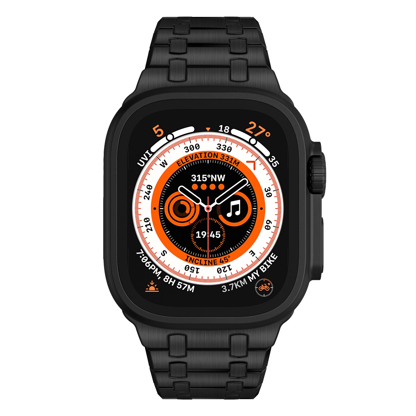 Eine schwarze Smartwatch mit orange-weißer Digitalanzeige, gepaart mit dem arktisband Edelstahlarmband „Symphony“ für die Apple Watch, gefertigt aus langlebigem 316L Chirurgenedelstahl von arktisband.