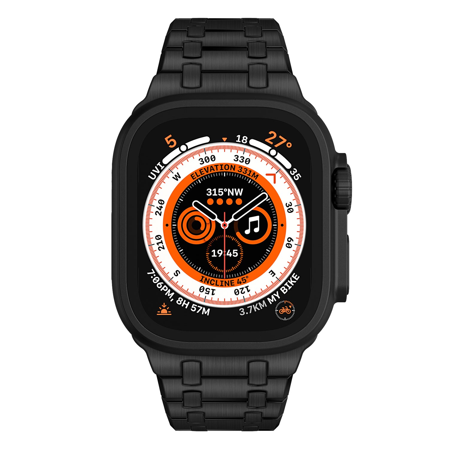 Eine schwarze Smartwatch mit orange-weißer Digitalanzeige, gepaart mit dem arktisband Edelstahlarmband „Symphony“ für die Apple Watch, gefertigt aus langlebigem 316L Chirurgenedelstahl von arktisband.