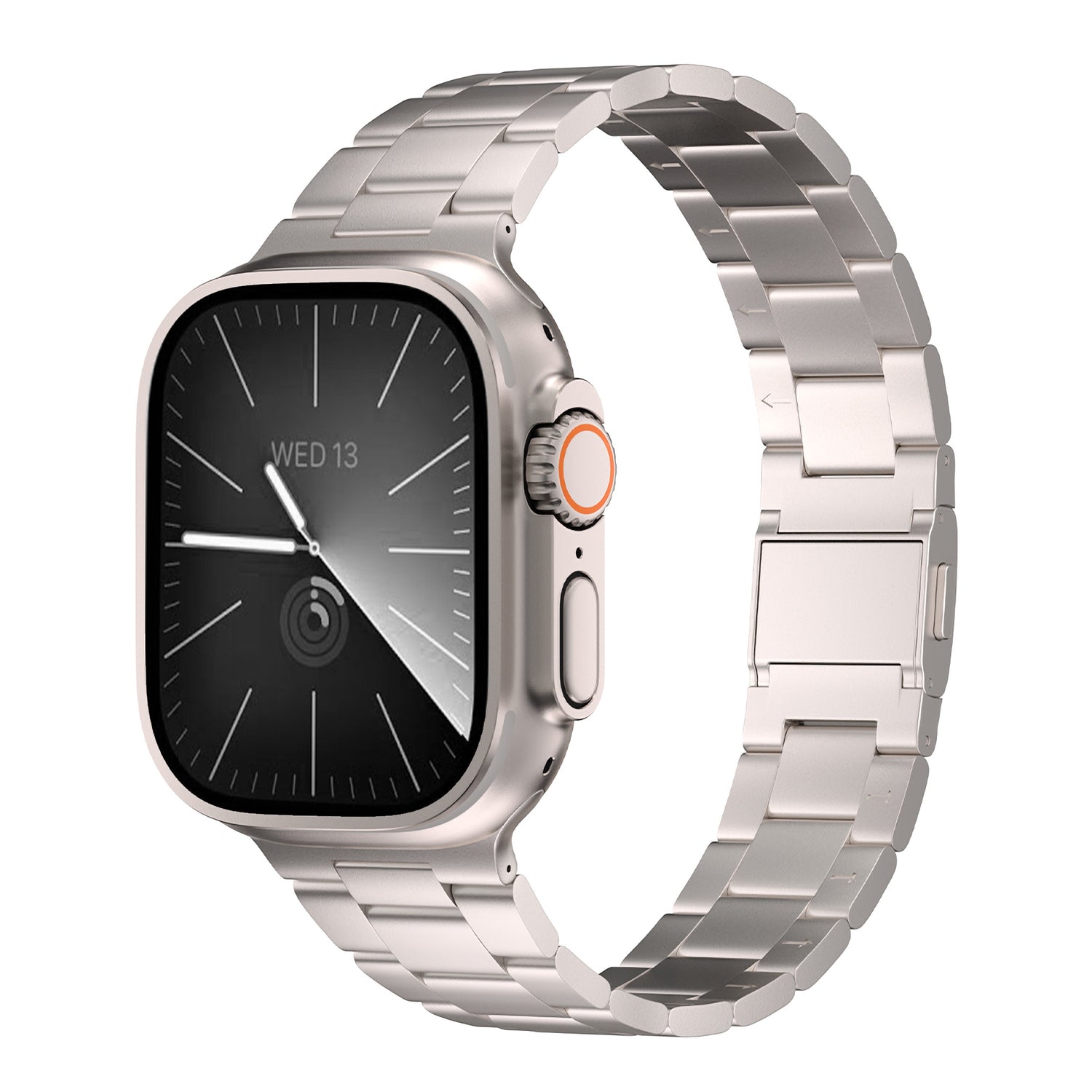 Das Arktisband Apple Watch Gliederarmband „Prime“, eine silberne Smartwatch mit Edelstahlarmband und MagneticClick-Verschluss, ist schräg abgebildet. Auf dem Display ist ein analoges Zifferblatt mit dem Datum Mi 13 und einer digitalen Krone mit orangefarbenem Ring zu sehen.