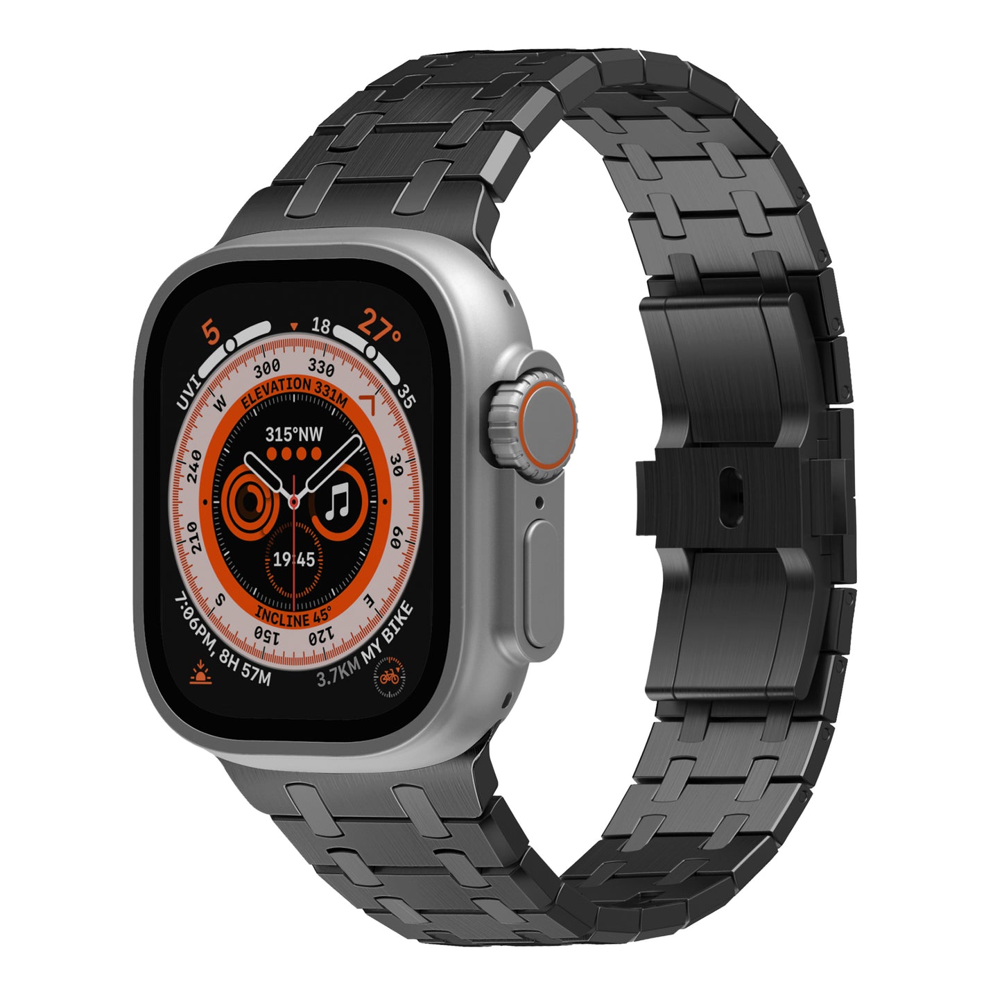Das arktisband Edelstahl Armband „Symphony“ für die Apple Watch verfügt über ein rechteckiges Display, ein schwarzes 316L-Edelstahlarmband und ein orange-schwarzes Zifferblatt.