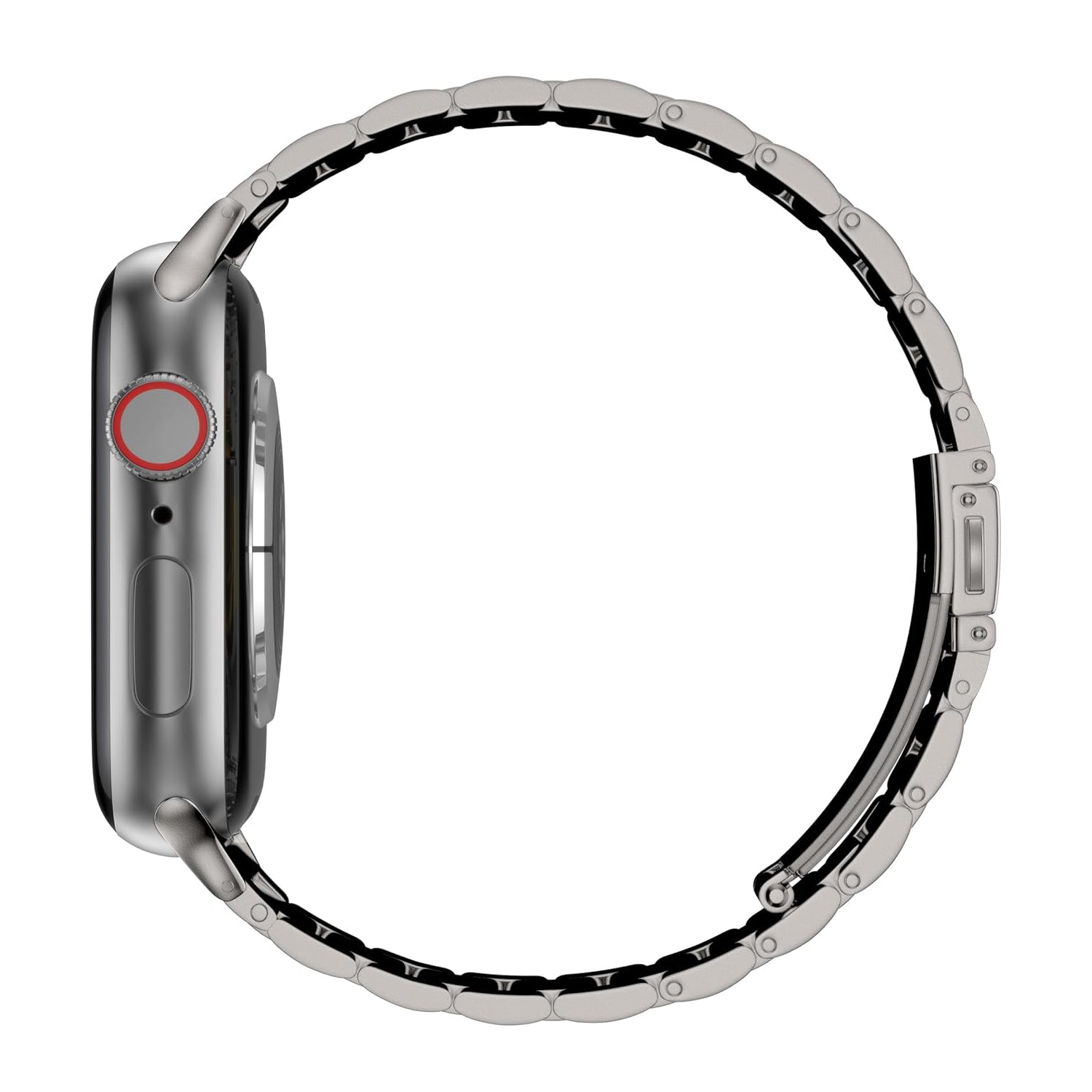 Eine Seitenansicht des Arktisband Apple Watch Gliederarmbands „Arctica“ mit Metallgehäuse und elegantem Edelstahl-Armband, mit sichtbarer digitaler Krone und Seitentaste, dargestellt vor einem schlichten weißen Hintergrund.