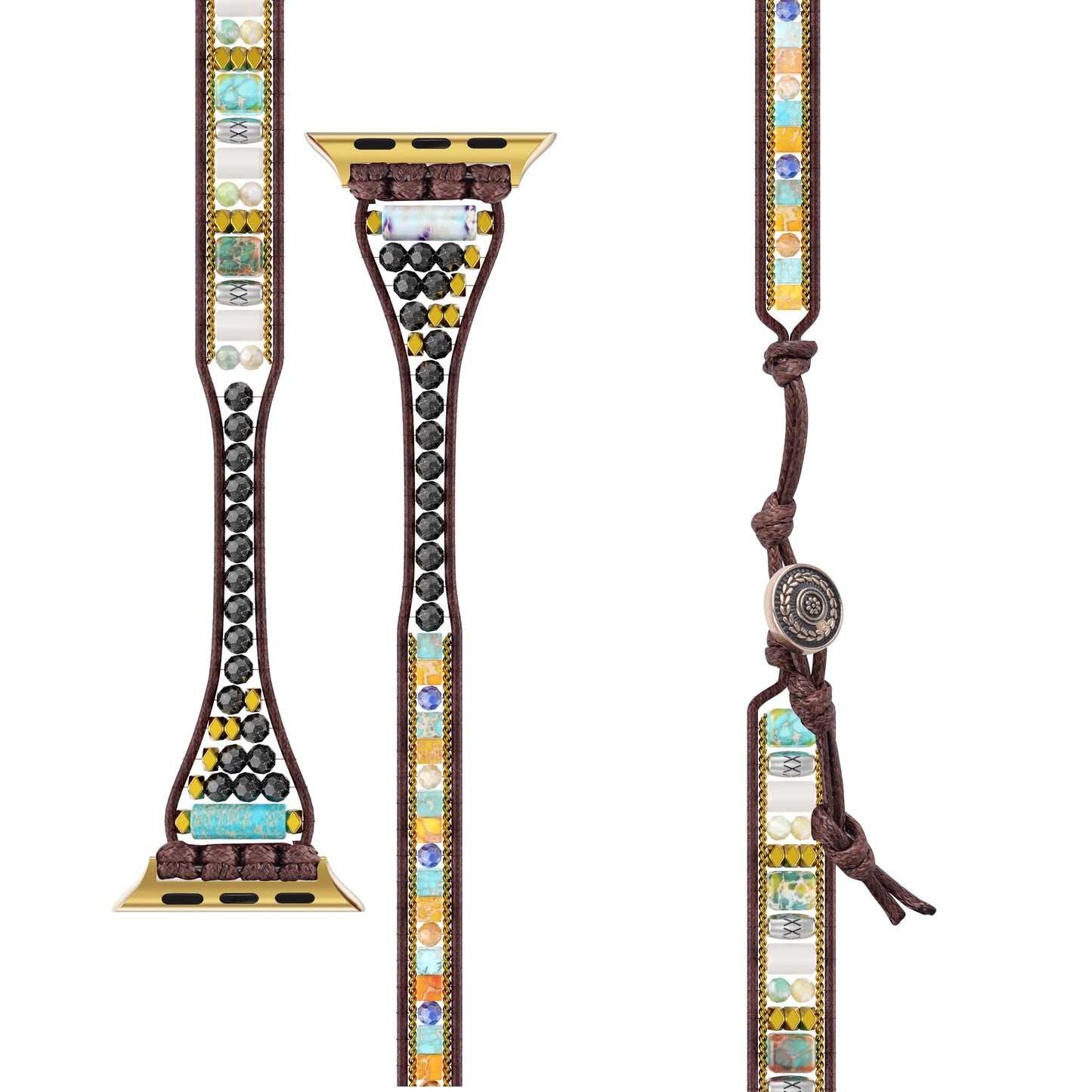 Das arktisband Apple Watch Armband "Dream Catcher" besticht durch ein farbenfrohes Boho-Design, goldene Edelstahl-Anschlüsse und einen braunen, verstellbaren Kordelverschluss, der aus verschiedenen Blickwinkeln betrachtet werden kann.