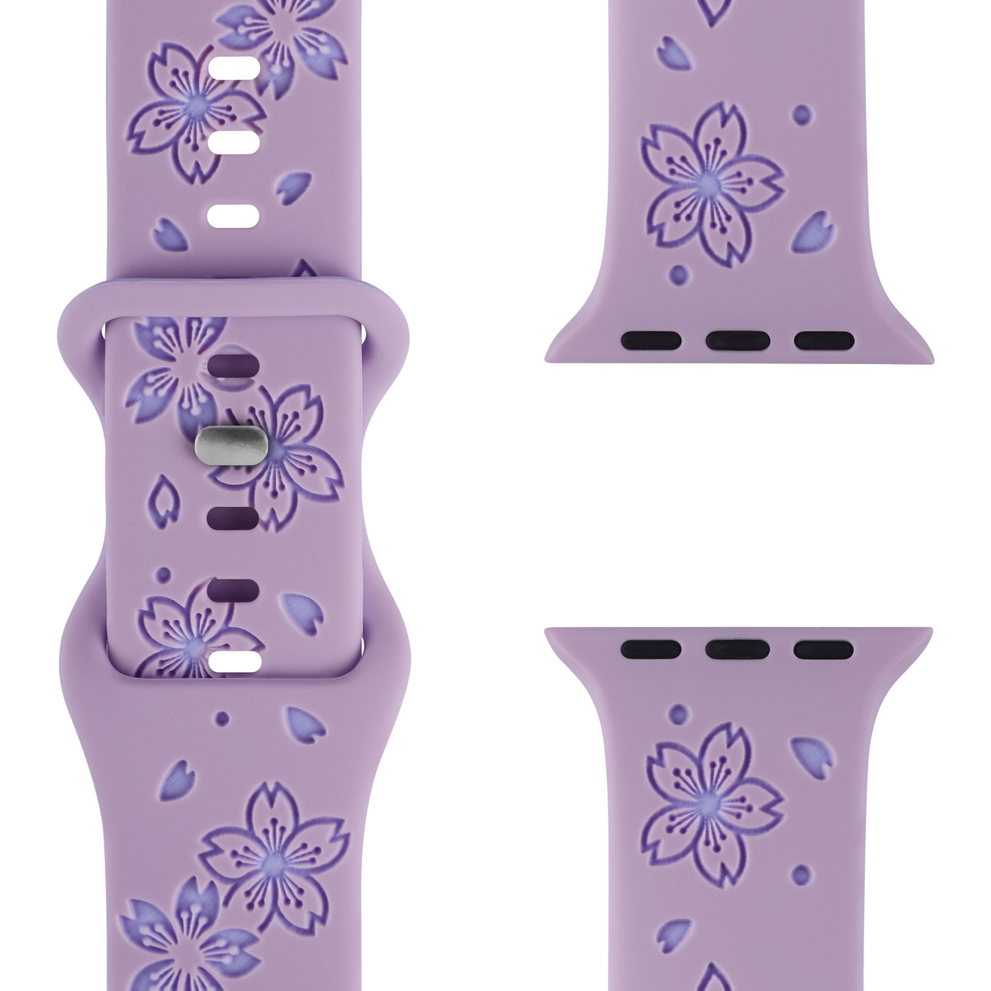 Eine Nahaufnahme des Arktisband-Apple-Watch-Armbands „Flores“ zeigt sein lavendelfarbenes Band mit violettem und dunkelrosa Kirschblütendesign, schweißabsorbierendem Material, eleganten Details und einer sicheren Schnalle – präsentiert aus verschiedenen Blickwinkeln.