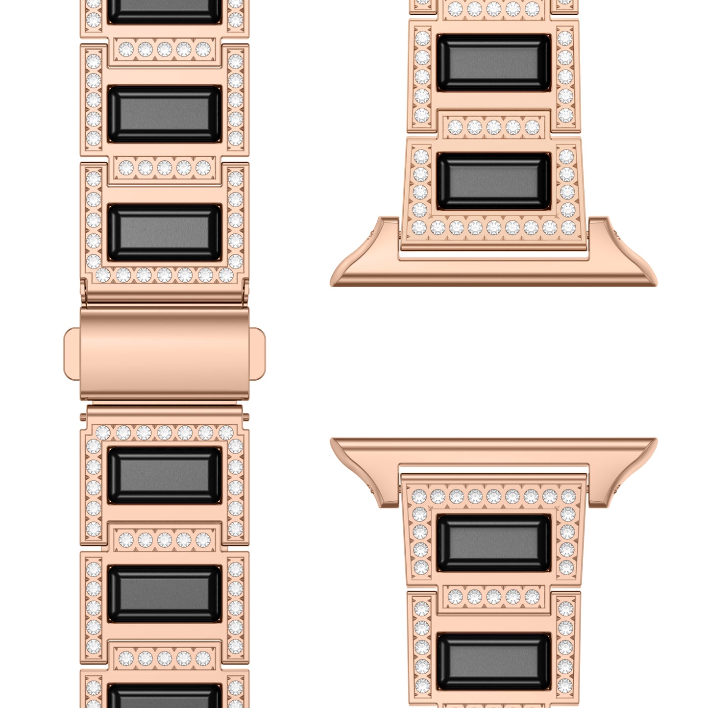 Eine Nahaufnahme des Arktisband Apple Watch Gliederarmbands „Senorita“ in Roségold mit schwarzen rechteckigen Inlays und kleinen Strasssteinen, sowohl komplett montiert als auch als zwei separate Verbinder dargestellt.
