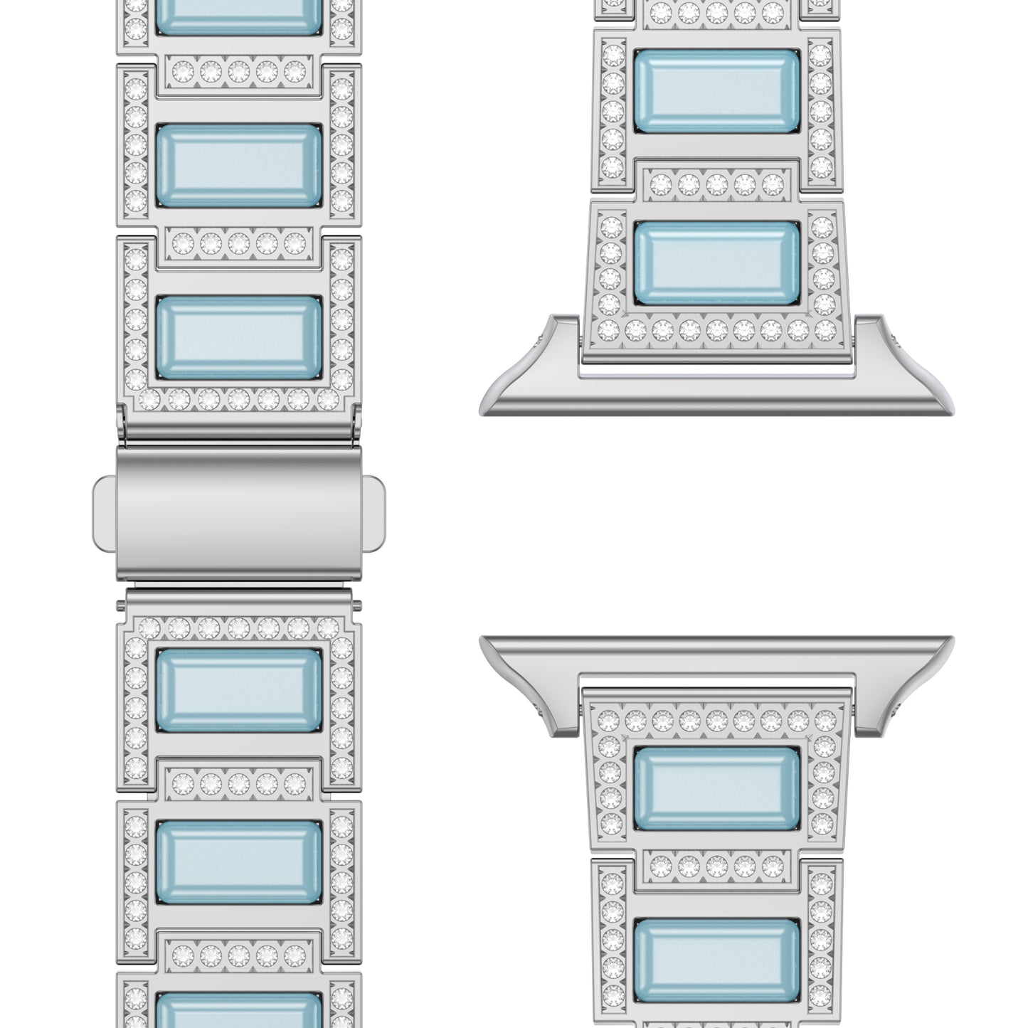 Eine Nahaufnahme des arktisband Apple Watch Gliederarmbands „Senorita“ von arktisband, einem silbernen Edelstahlarmband mit rechteckigen blauen Edelsteinen und kleinen Strasssteinen in einem geometrischen Muster, aus verschiedenen Winkeln auf weißem Hintergrund dargestellt.