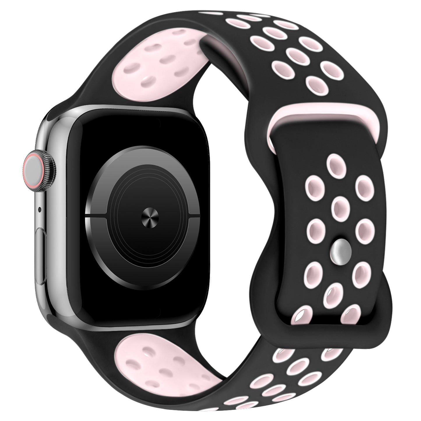 Das arktisband Apple Watch Silikonarmband „Energy“ von arktisband, schräg abgebildet auf einer schwarzen Smartwatch mit dunklem Bildschirm, verfügt über ein schwarzes Band mit mehreren weißen ovalen Löchern und rosa Akzenten, kompatibel mit der Apple Watch.