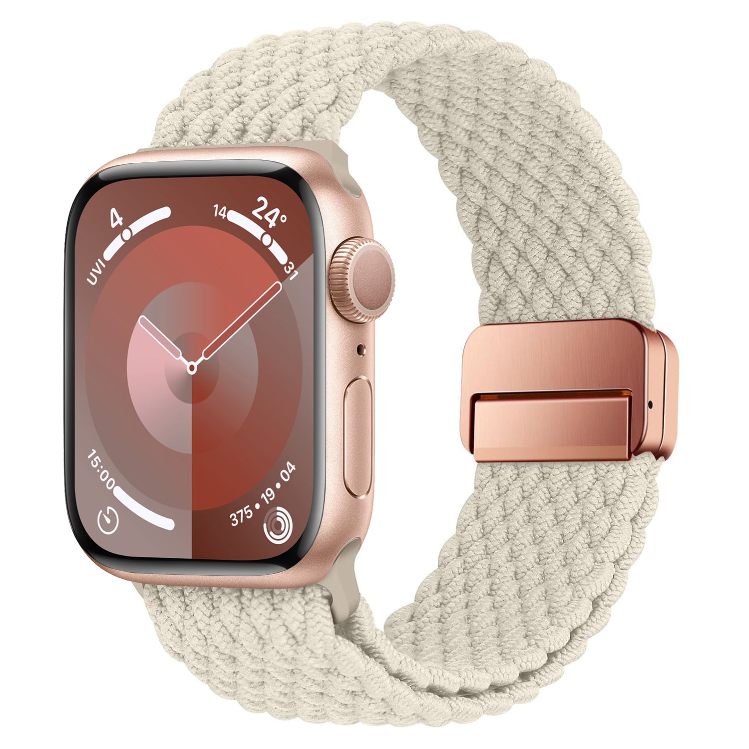 Eine goldene Smartwatch mit einem roten runden Display wird mit dem geflochtenen Apple Watch Armband „Casual“ von arktisband kombiniert, das aus dickem geflochtenem Polyester und einem passenden metallischen Magnetverschluss besteht.