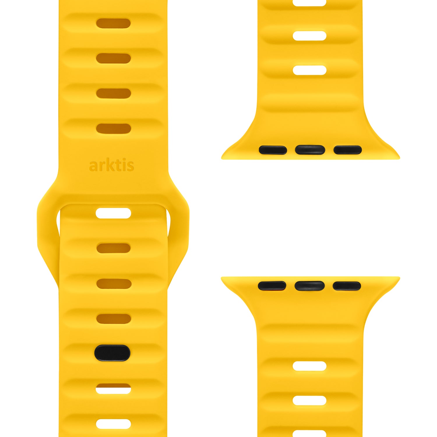 Das arktisband Apple Watch Silikonarmband "Active" in Gelb besticht durch sein geriffeltes Design, atmungsaktives Material und mehrere Einstelllöcher. Abgebildet sind drei Ansichten: Vorderseite mit arktisband-Branding und beide Anschlussenden für deine Apple Watch Ultra.
