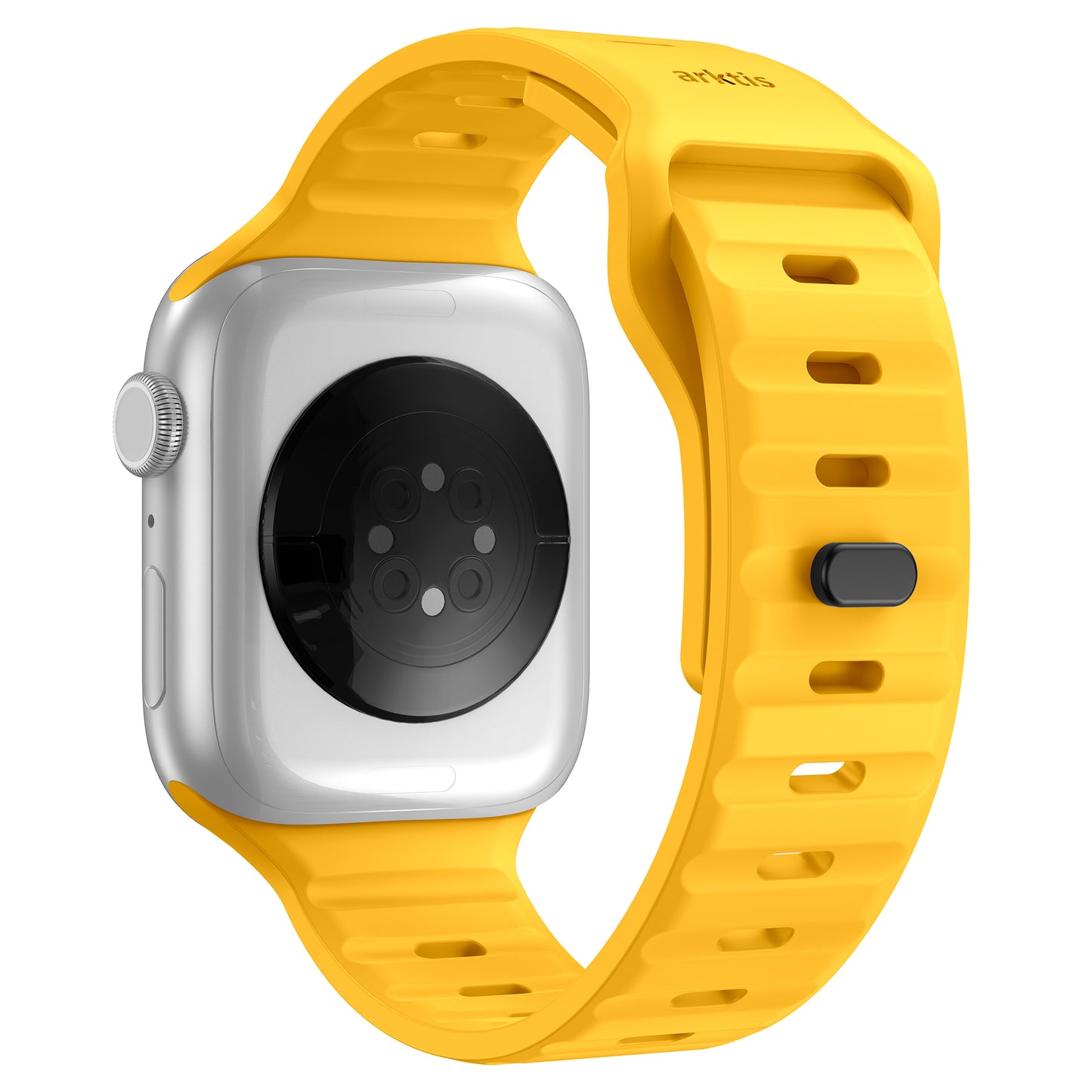 Das arktisband Apple Watch Silikonarmband „Active“ in Gelb wird auf einer silbernen Smartwatch gezeigt, wobei die Perforation für Atmungsaktivität hervorgehoben wird und der Sensorbereich sowie der Verschluss von der Rückseite sichtbar sind.