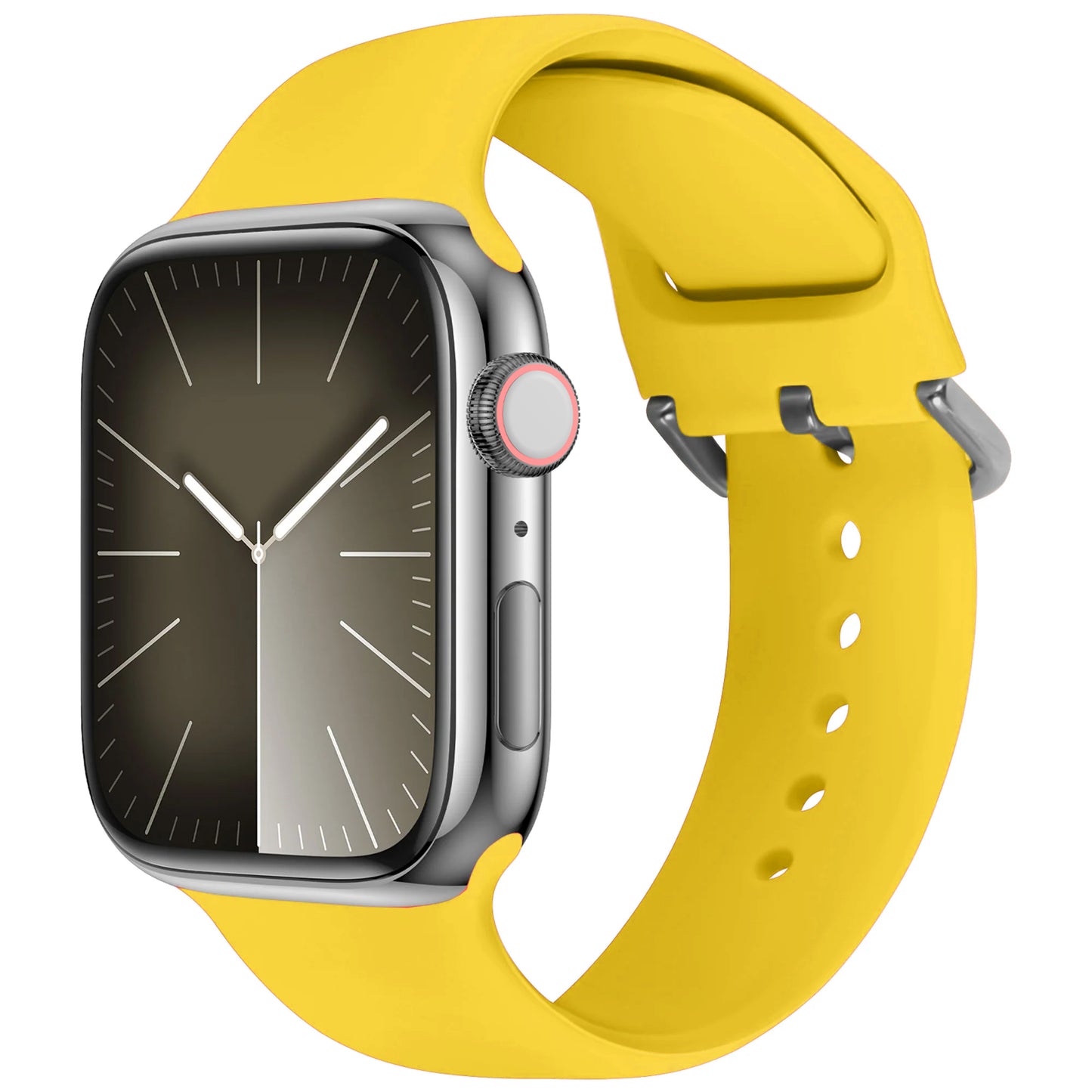 Das arktisband Apple Watch Silikonarmband „Aqua“ von arktisband wird auf einer Smartwatch mit rechteckigem Zifferblatt, minimalistischem Analogdisplay, silbernem Gehäuse und aquafarbenem Silikonarmband gezeigt, schräg fotografiert vor weißem Hintergrund.