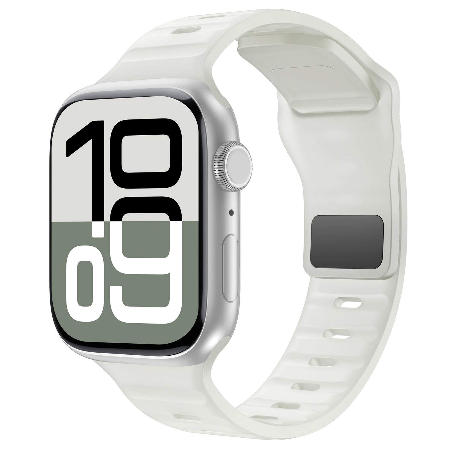 Das arktisband Apple Watch Silikonarmband "Active" von arktisband präsentiert sich auf einer weißen Smartwatch mit rechteckigem Zifferblatt, silbernem Gehäuse und atmungsaktivem Silikonarmband. Das Display zeigt 10:09 Uhr in fettgedruckten, überlappenden schwarzen und weißen Ziffern an.
