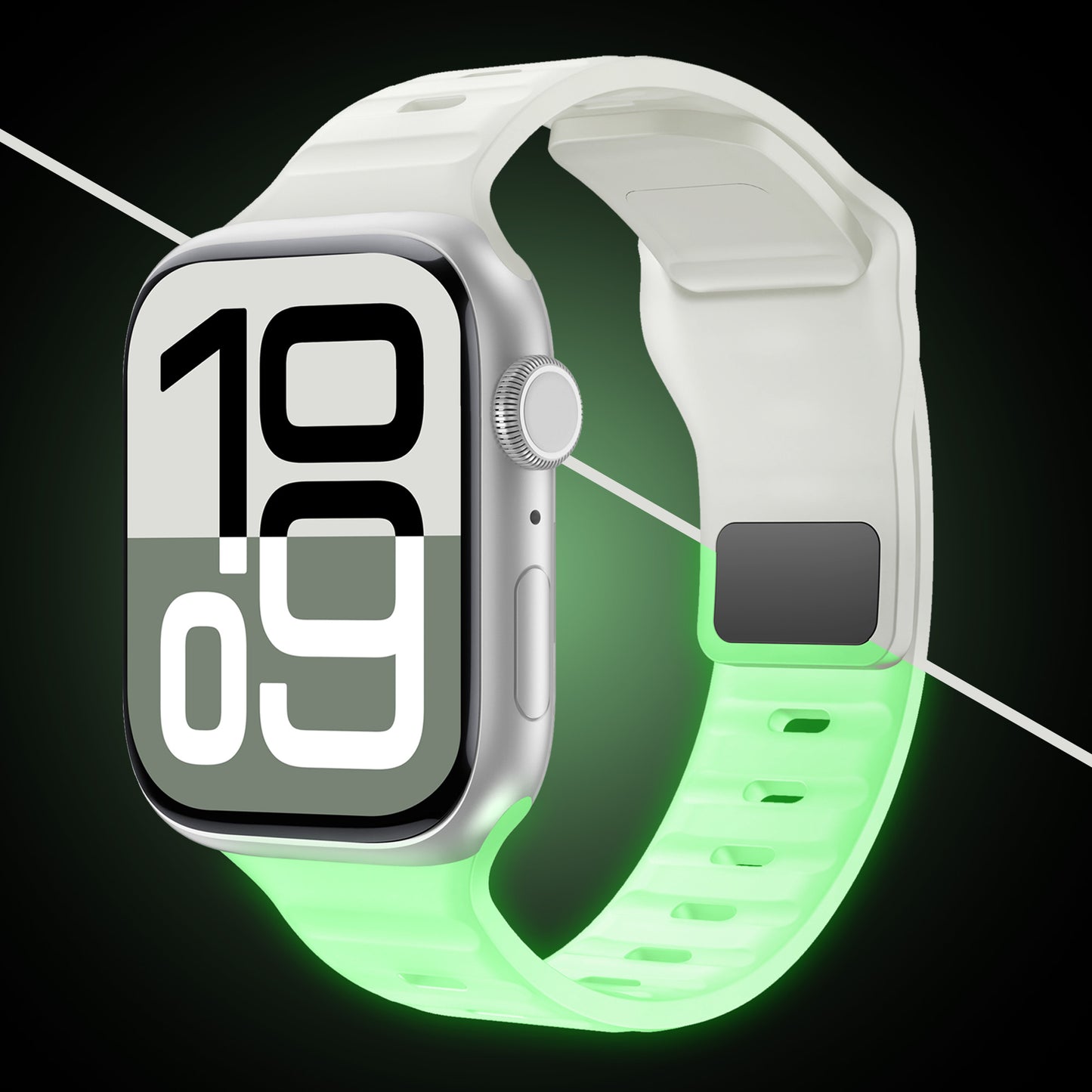 Ein Arktisband Apple Watch Silikonarmband „Active“ in Grün passt zu einer weißen Apple Watch, auf der „10:09“ in fetten Ziffern angezeigt wird, durchzogen von einer diagonalen weißen Linie für einen sportlichen Look.