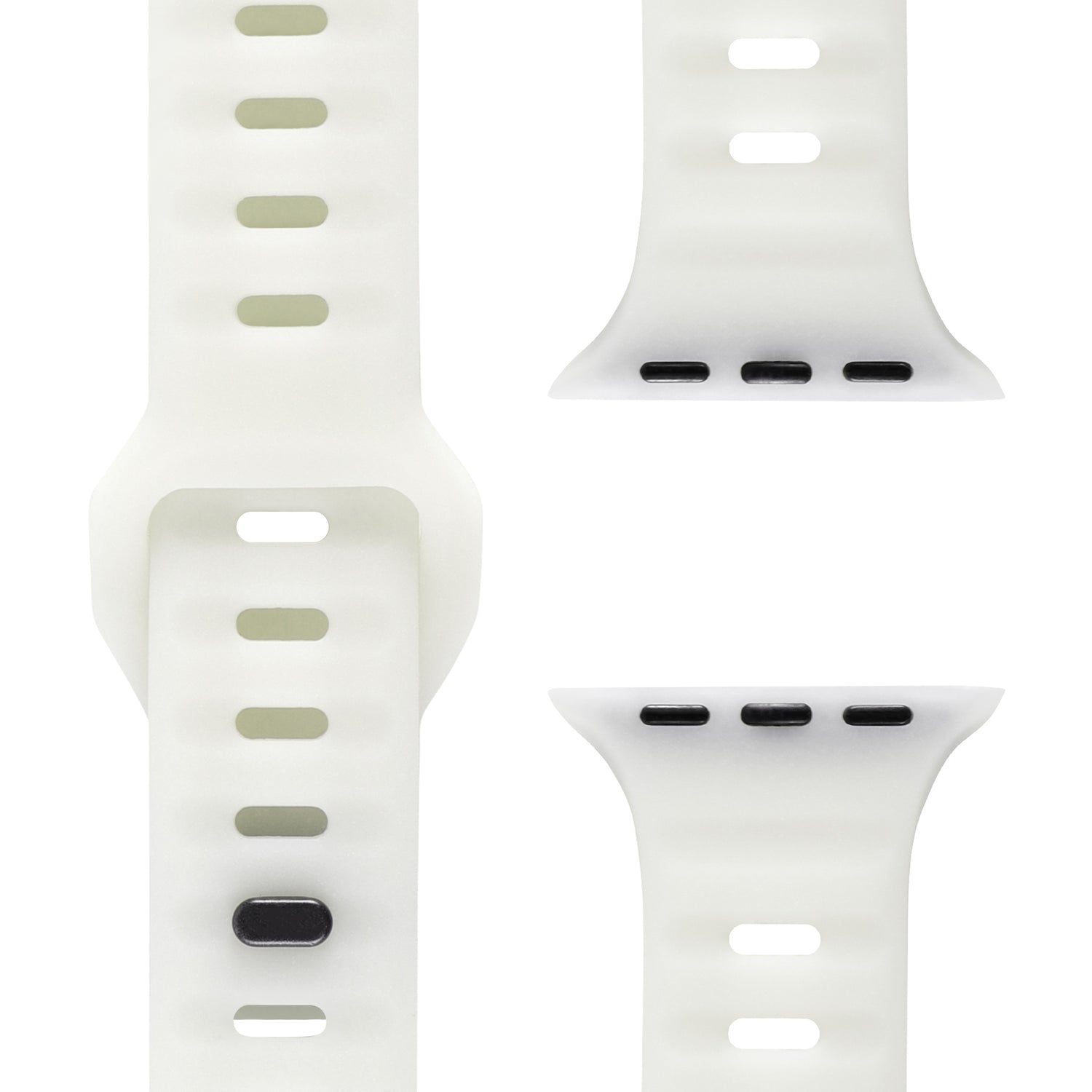 Nahaufnahme von drei Teilen des Arktisband Apple Watch Silikonarmbands „Active“ in Weiß mit schwarzen Anschlussösen und mehreren Einstelllöchern, dargestellt auf einem weißen Hintergrund für einen sportlichen Look.