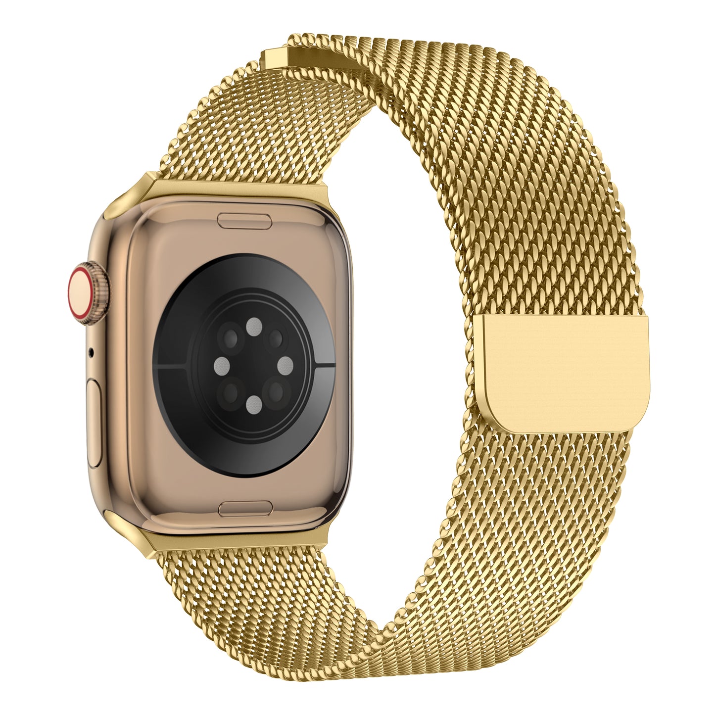 Das arktisband Apple Watch Milanaise Armband "Bold" in Gold, abgebildet mit passendem Gehäuse von hinten und seitlich auf weißem Hintergrund. Hergestellt aus Edelstahl, ist es Apple Watch-kompatibel und bietet vielseitigen Stil und Funktionalität.