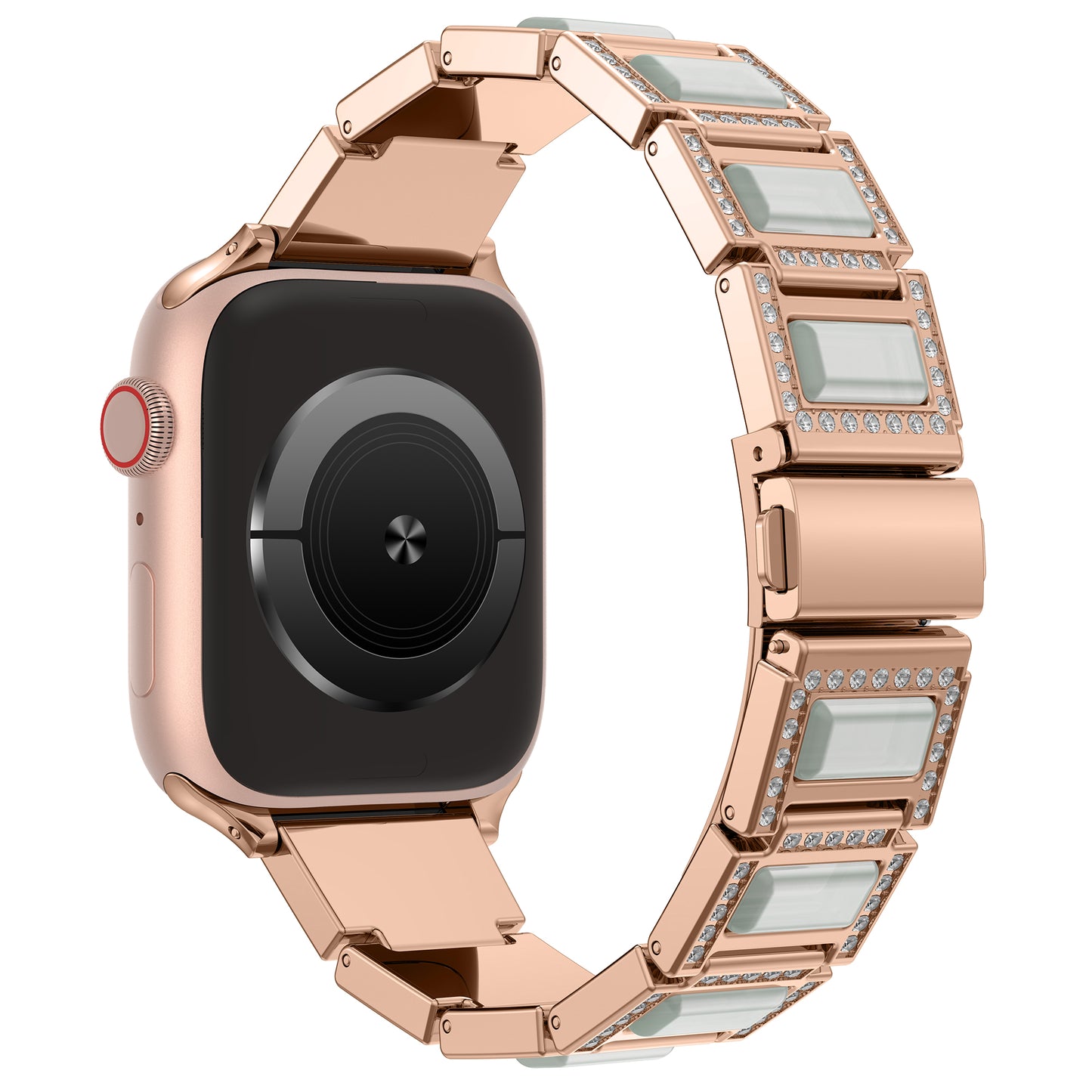 Das arktisband Apple Watch Gliederarmband „Senorita“ von arktisband besticht durch ein Roségold-Design mit Edelstahlarmband, rechteckigen Gliedern mit Strasssteinen und kleinen runden Kristallen an den Rändern. Das Zifferblatt ist nach links geneigt.