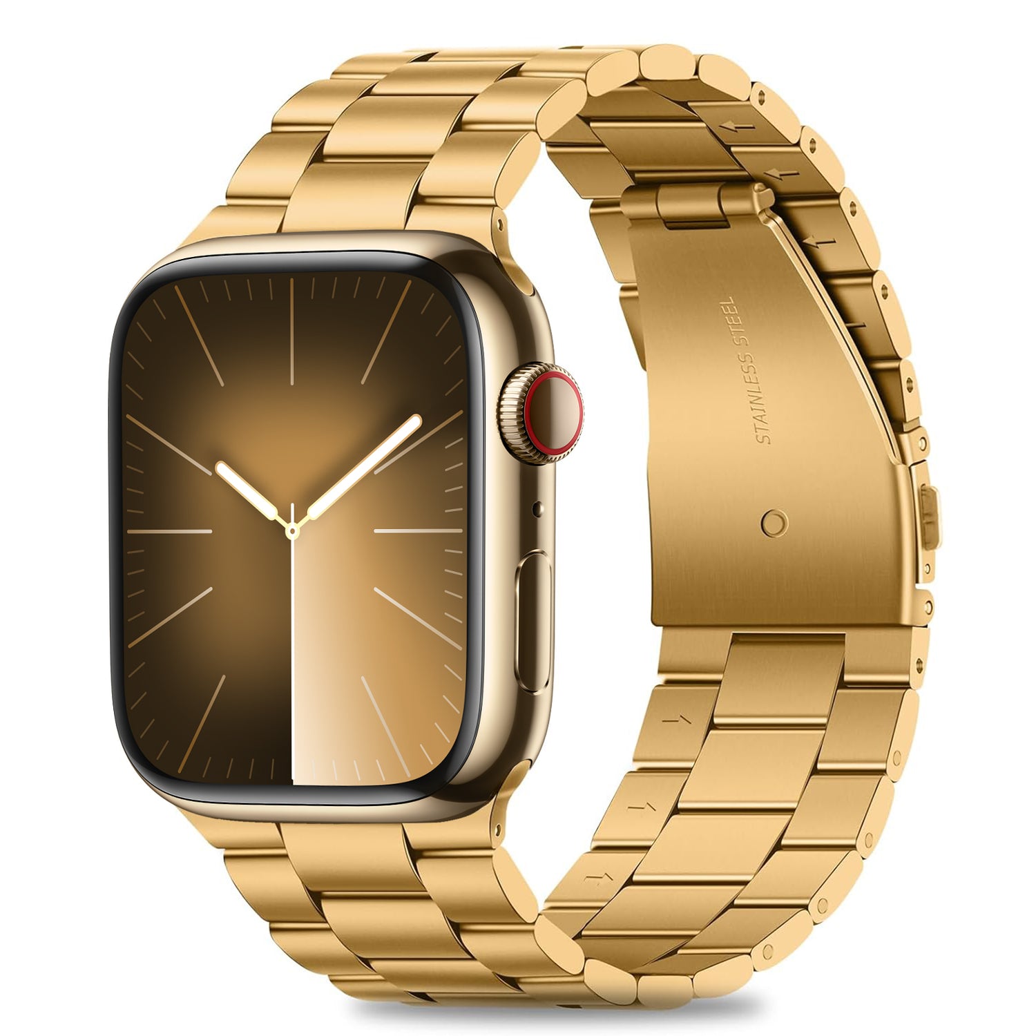 Das Arktisband Apple Watch Gliederarmband „Arctica“ besteht aus einer goldfarbenen rechteckigen Smartwatch mit minimalistischem weißen Zeigerdisplay und einem eleganten, passenden goldenen Gliederarmband, das den Stil Ihrer Apple Watch unterstreicht.