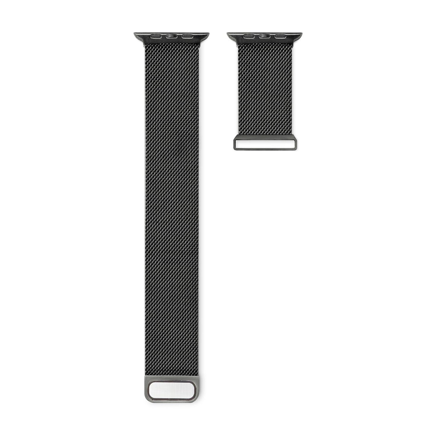 Zwei schwarze Arktisband Apple Watch Milanaise Loop Armbänder sind auf weißem Hintergrund abgebildet, wobei eines länger ist als das andere. Beide verfügen über Magnetverschlüsse und silberfarbene Anschlüsse für eine sichere Befestigung.