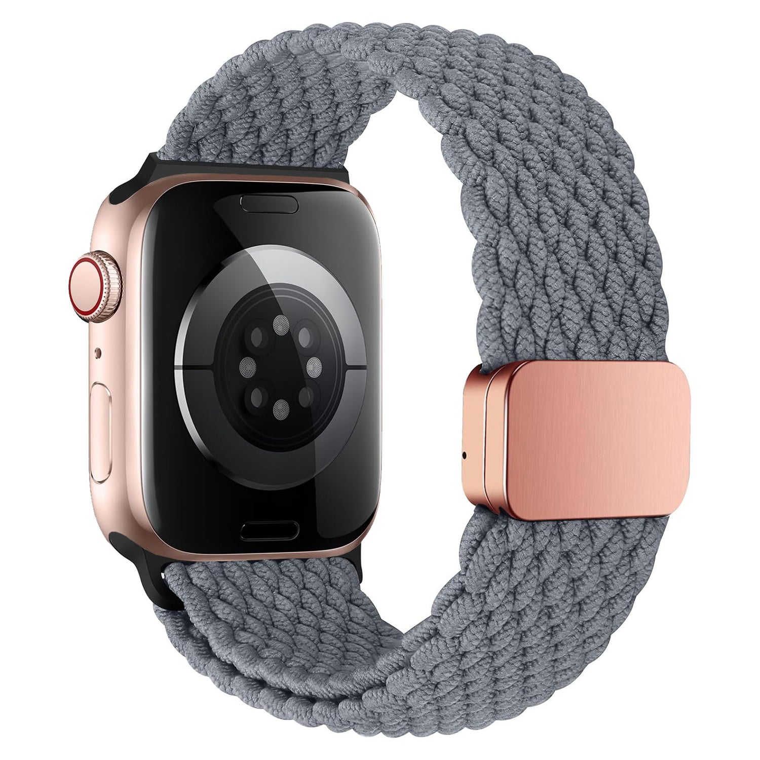 Das geflochtene Apple Watch Armband „Casual“ von Arktisband verfügt über ein graues geflochtenes Design und einen magnetischen Verschluss, hier von hinten und von der Seite mit einem roségoldenen Gehäuse für einfaches Anpassen gezeigt.