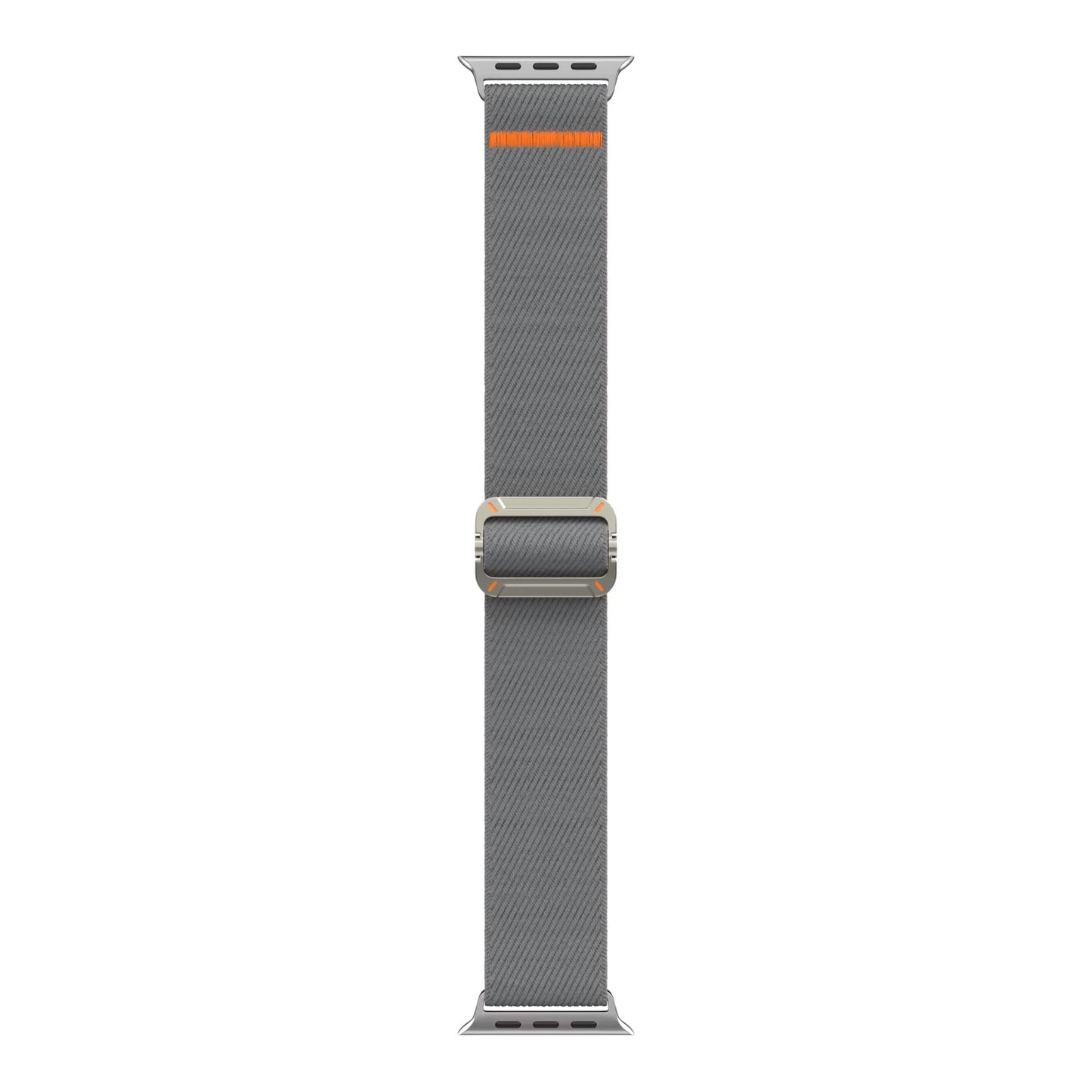 Das arktisband Apple Watch Nylonarmband "FlexOne" ist ein graues gewebtes Band mit leuchtend orangefarbenen Akzenten und einer schlanken rechteckigen Metallschnalle, kompatibel mit der Apple Watch.