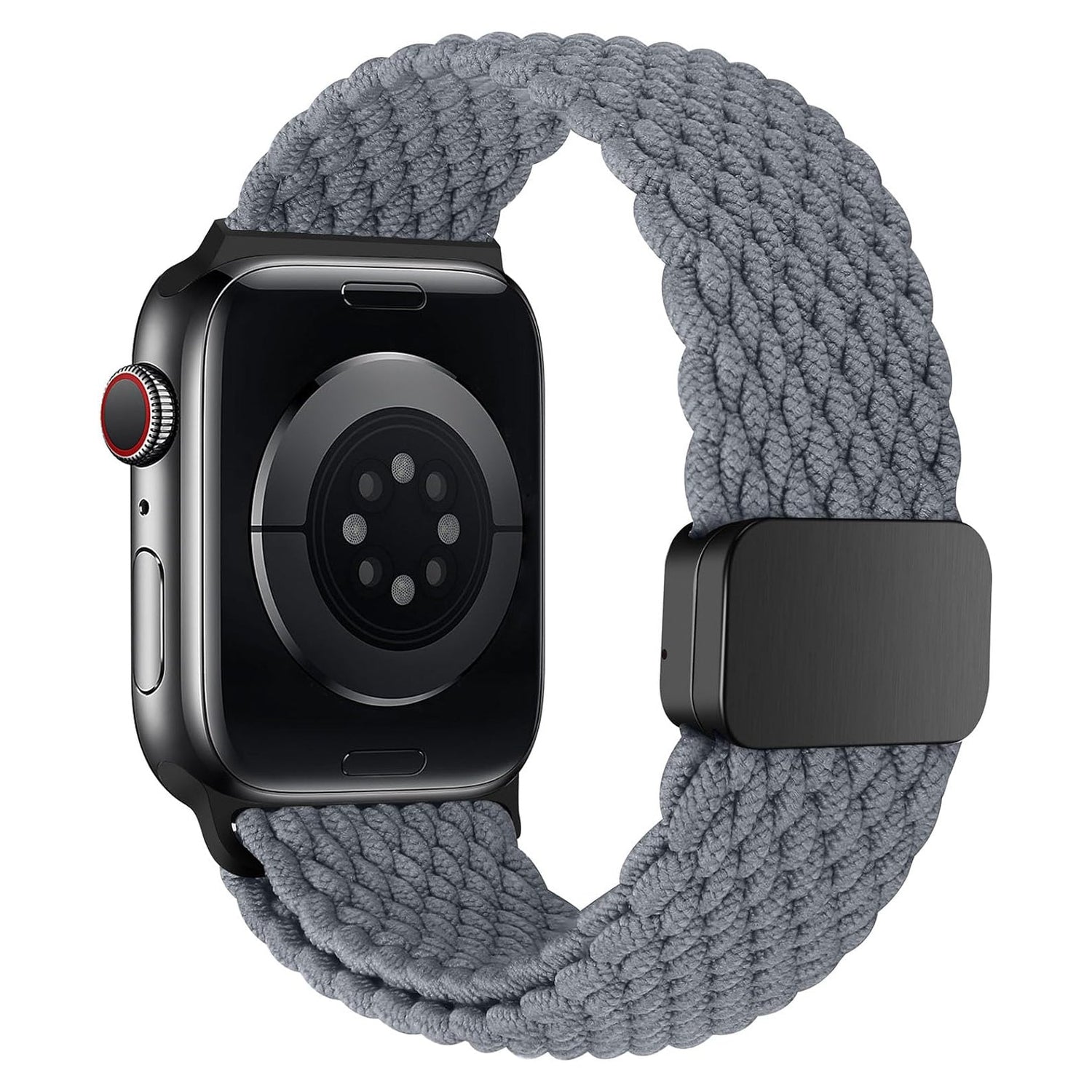 Das arktisband Geflochtenes Apple Watch Armband „Casual“ in Grau mit magnetischem Verschluss wird von der Rückseite einer schwarzen Smartwatch gezeigt.
