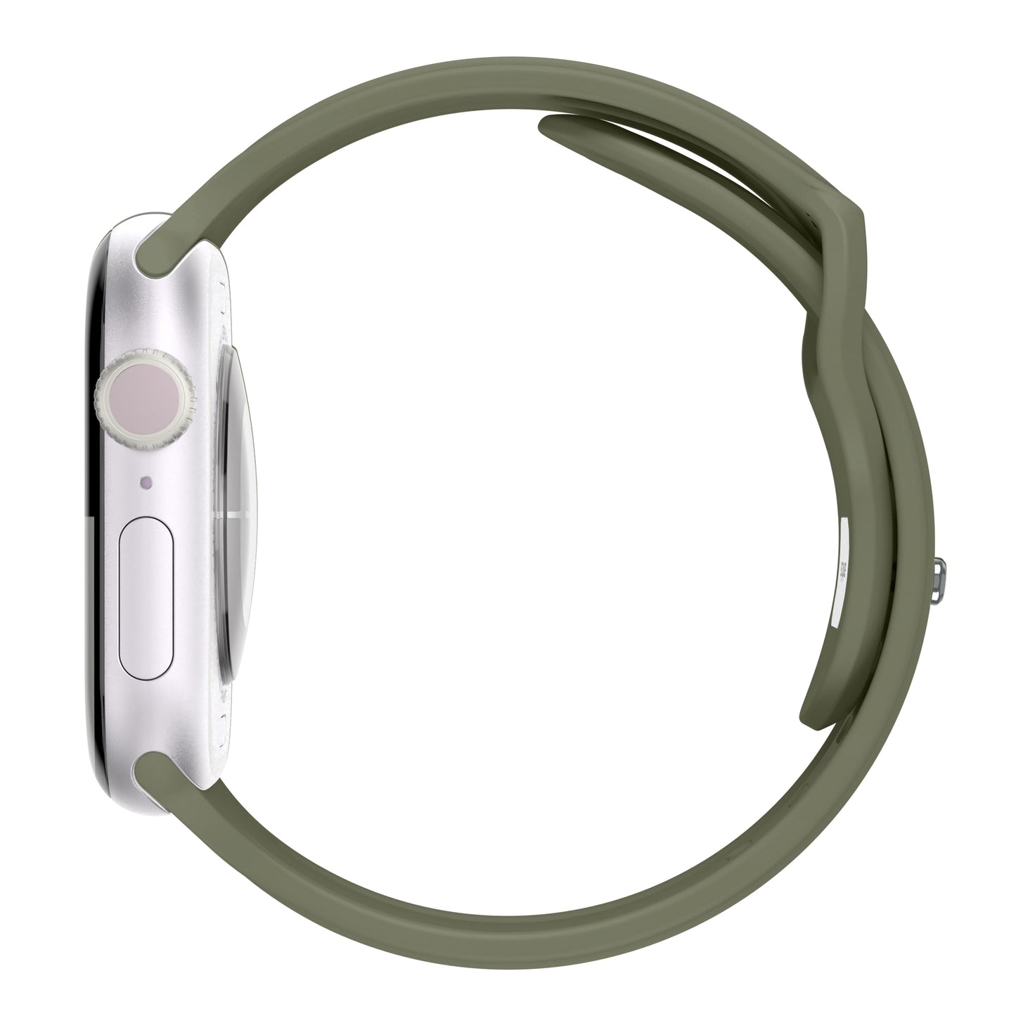 Seitenansicht eines arktisband Apple Watch Armbands "Skandi" in olivgrünem Fluorelastomer mit rundem Ziffernblatt, im skandinavischen Design.